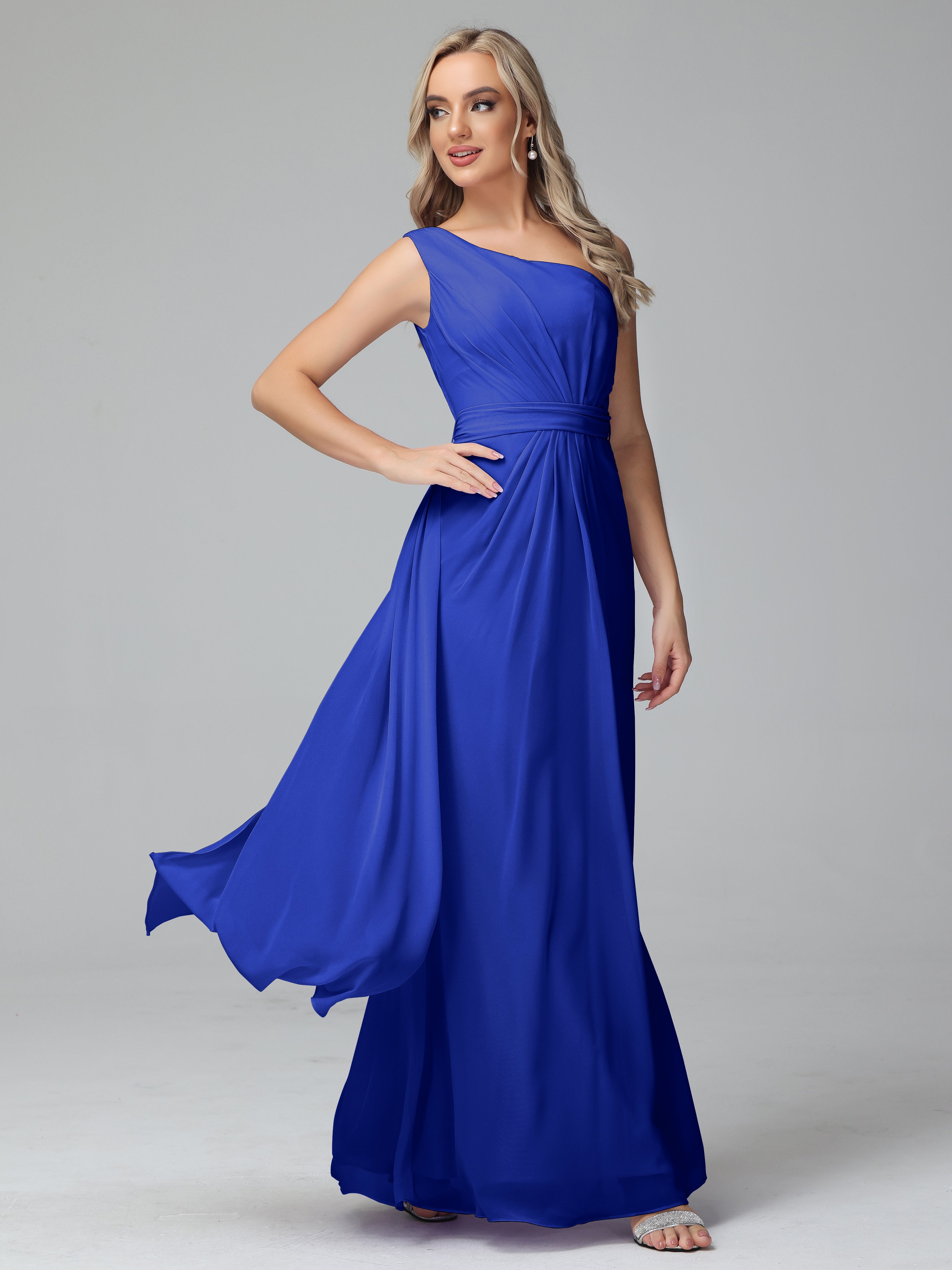 Robe Demoiselle D Honneur Bleue Roi Trapèze Décolleté Asymétrique Mousseline Robe De Demoiselle D'Honneur Avec Plissé