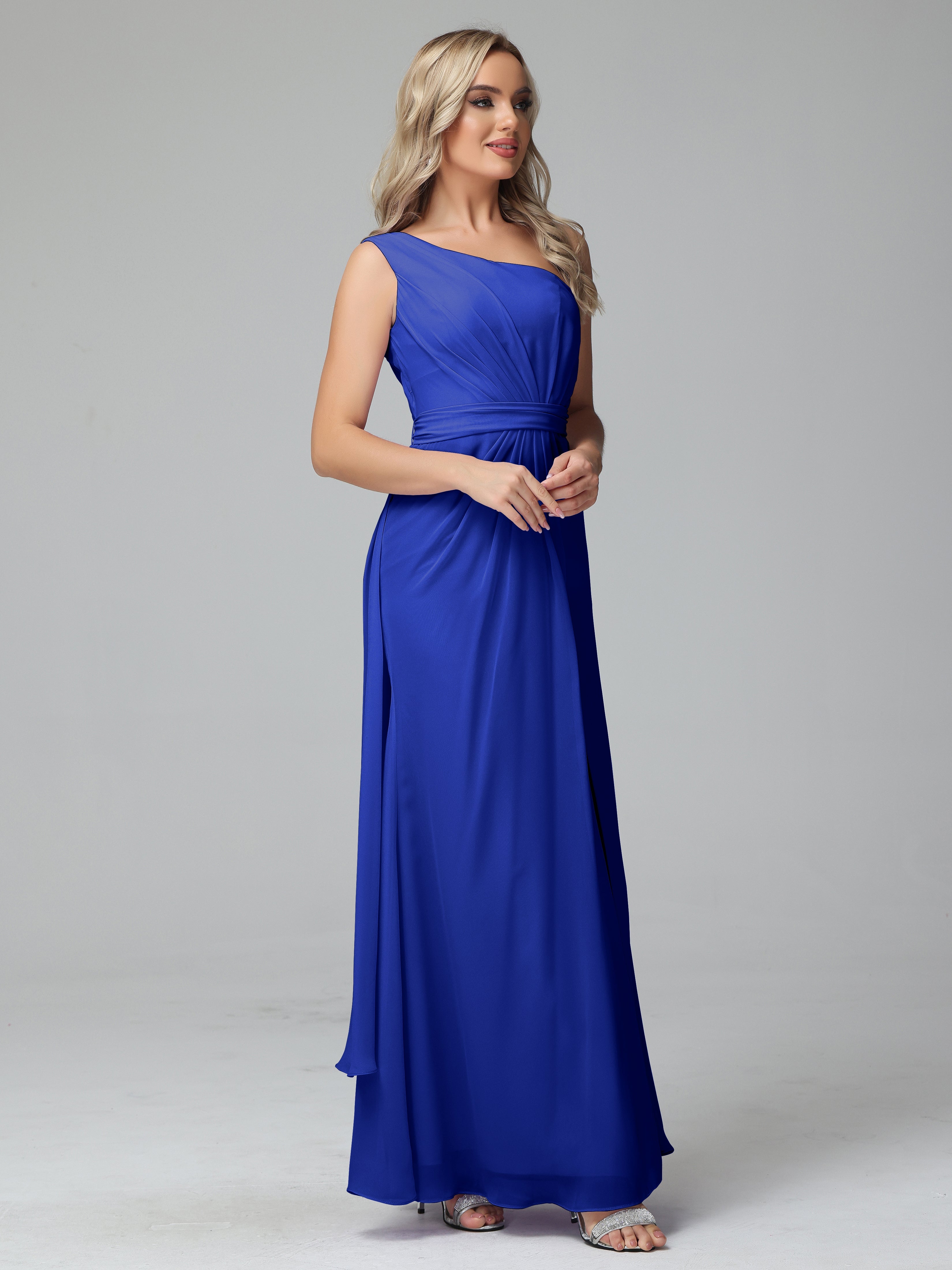 Robe Demoiselle D Honneur Bleue Roi Trapèze Décolleté Asymétrique Mousseline Robe De Demoiselle D'Honneur Avec Plissé