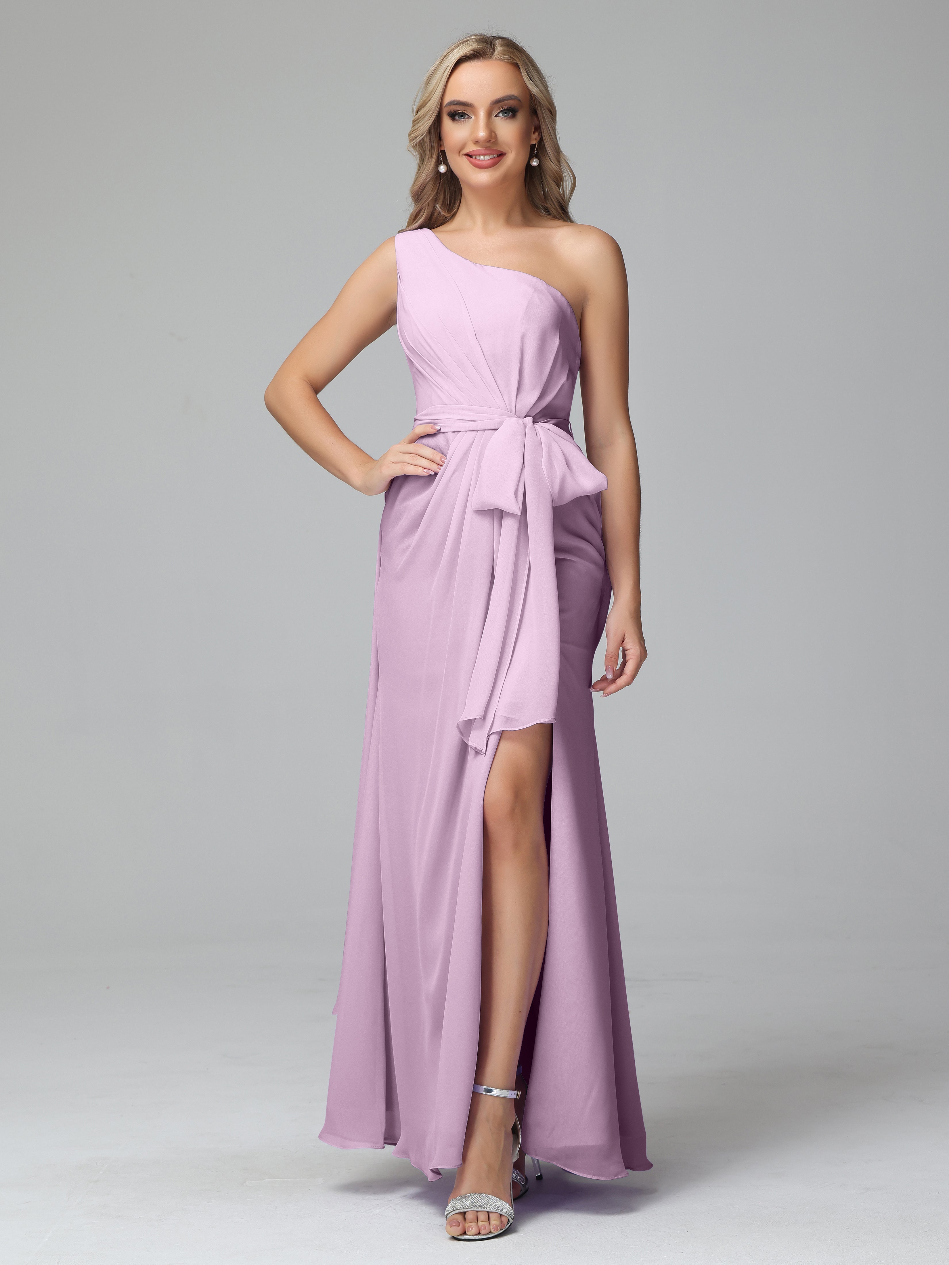 Robes De Demoiselle D'Honneur Glycine Trapèze Décolleté Asymétrique Mousseline Robe De Demoiselle D'Honneur Avec Plissé