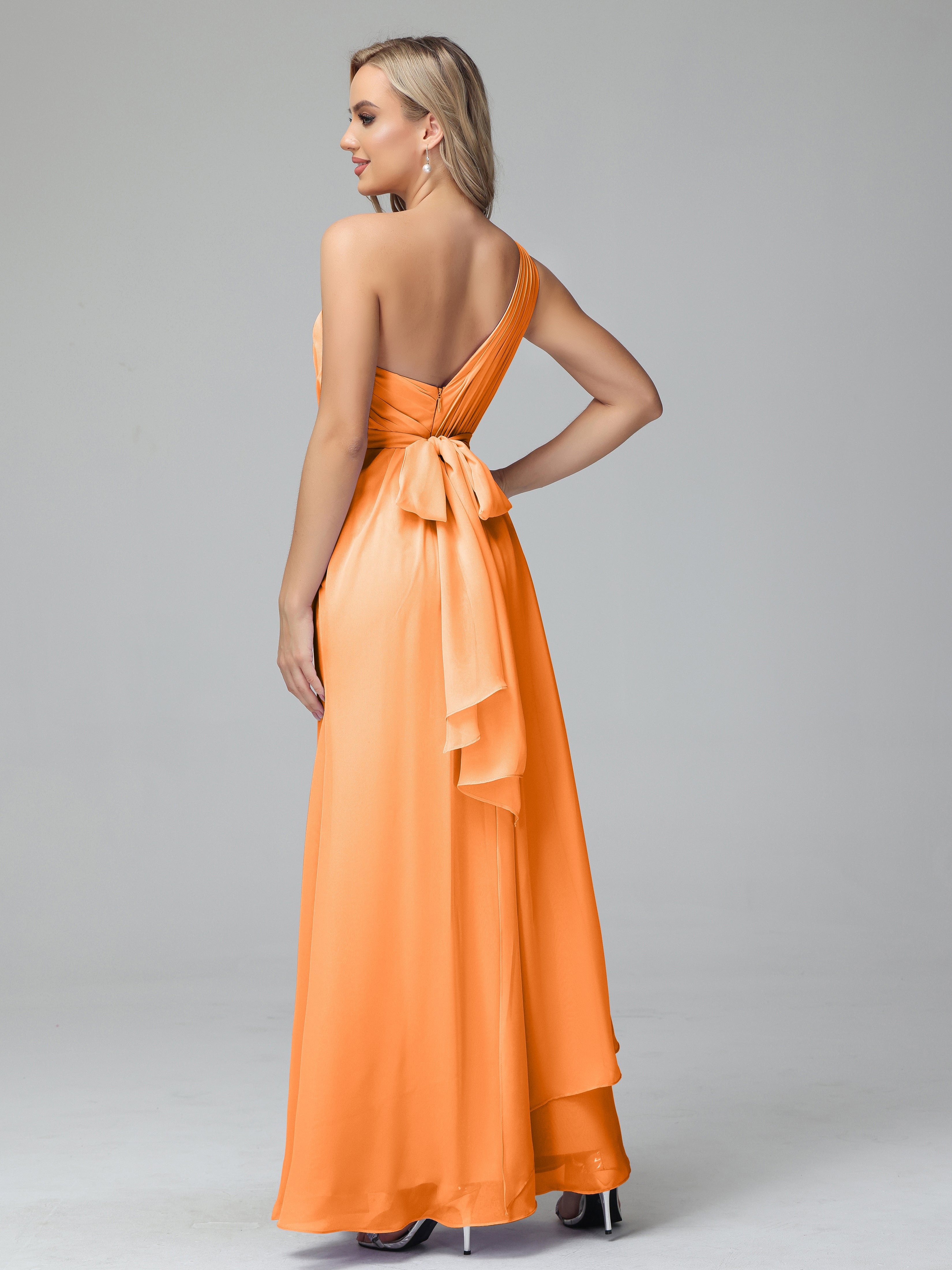 Robe De Demoiselle D Honneur Orange Trapèze Décolleté Asymétrique Mousseline Robe De Demoiselle D'Honneur Avec Plissé