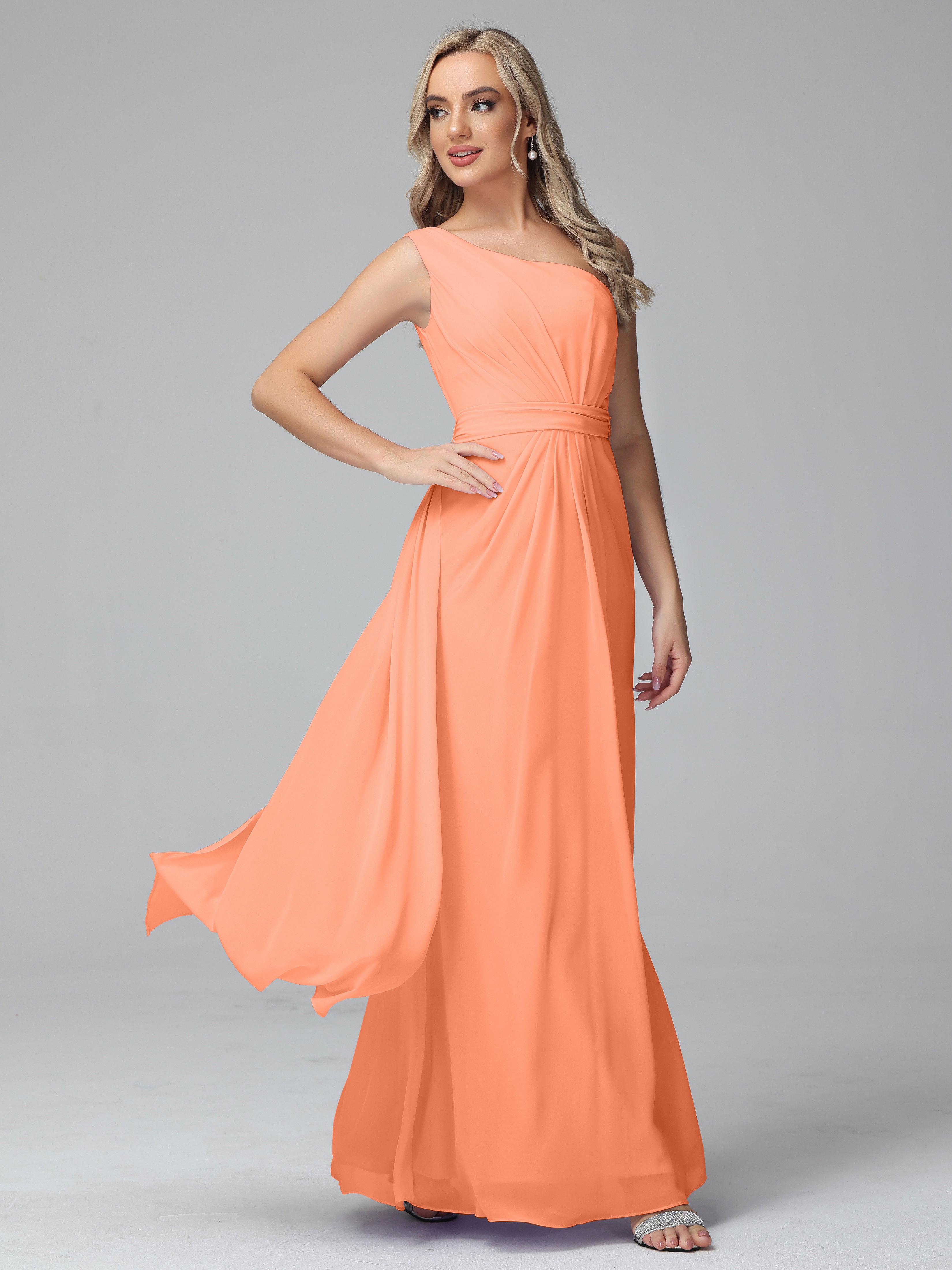 Robes De Demoiselle D'Honneur Papaye Trapèze Décolleté Asymétrique Mousseline Robe De Demoiselle D'Honneur Avec Plissé