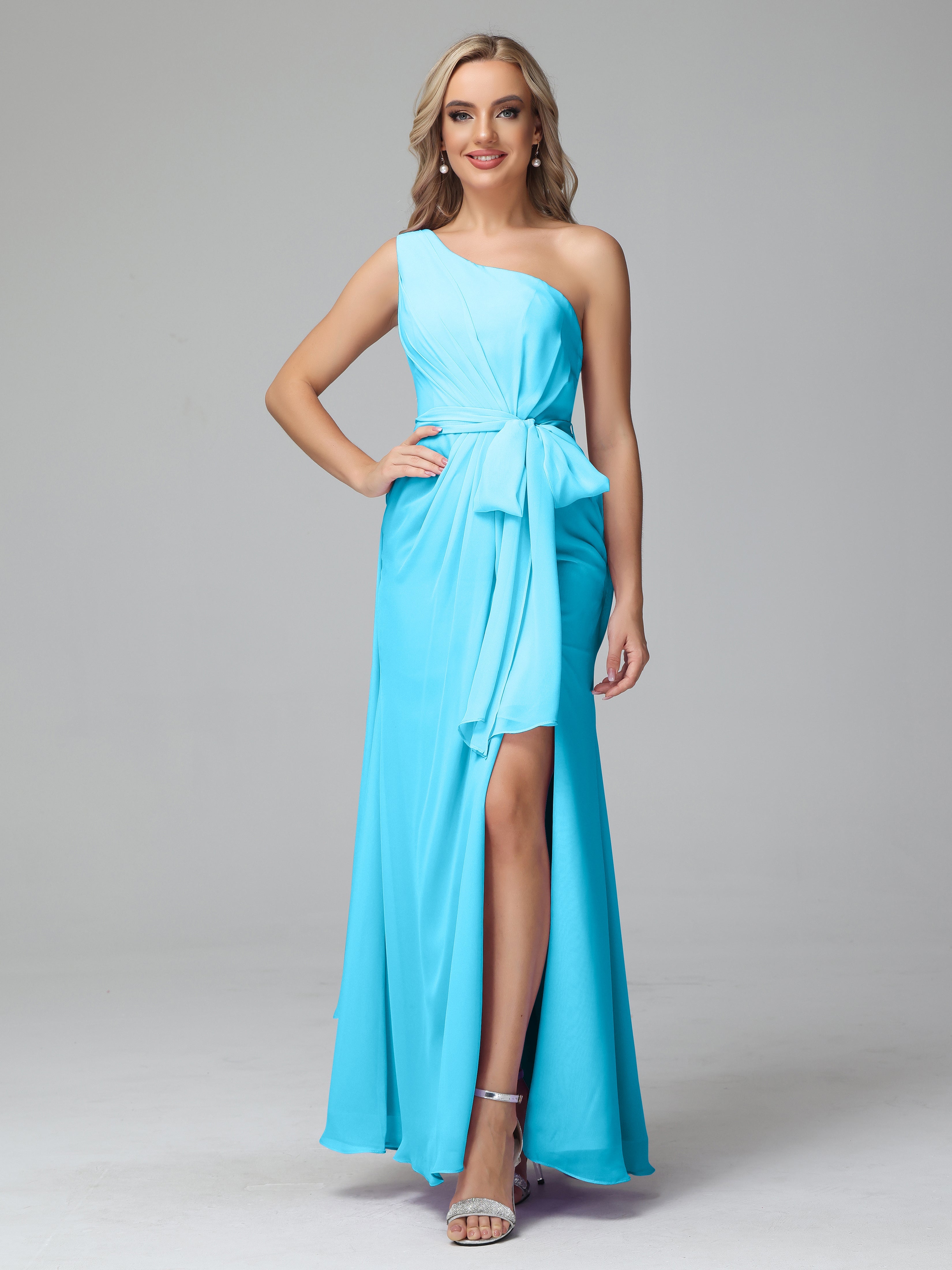 Robe De Demoiselle D'Honneur En Piscine Trapèze Décolleté Asymétrique Mousseline Robe De Demoiselle D'Honneur Avec Plissé