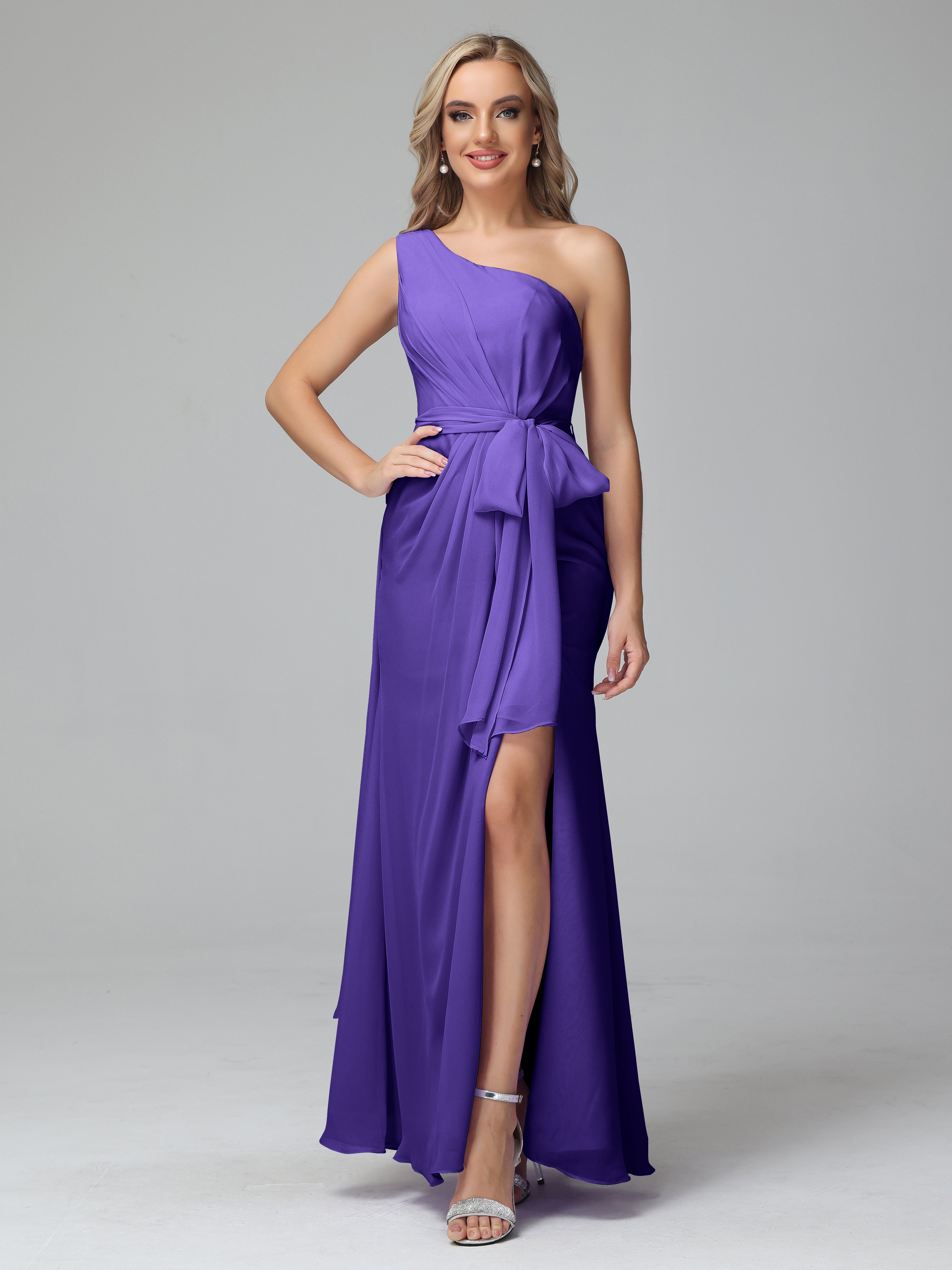 Robes De Demoiselle D'Honneur En Régence Trapèze Décolleté Asymétrique Mousseline Robe De Demoiselle D'Honneur Avec Plissé