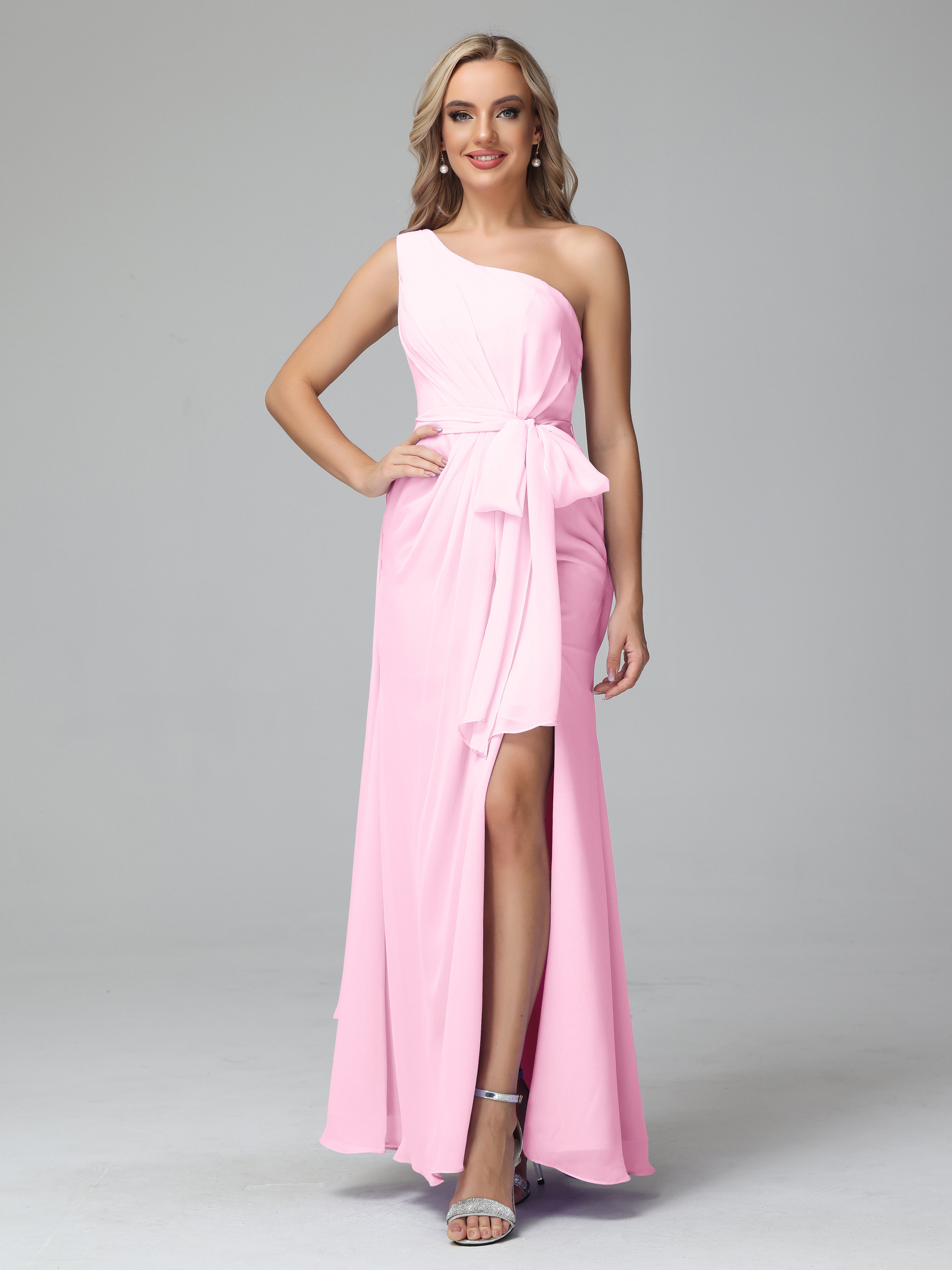 Robes De Demoiselle D'Honneur Rose Bonbon Trapèze Décolleté Asymétrique Mousseline Robe De Demoiselle D'Honneur Avec Plissé