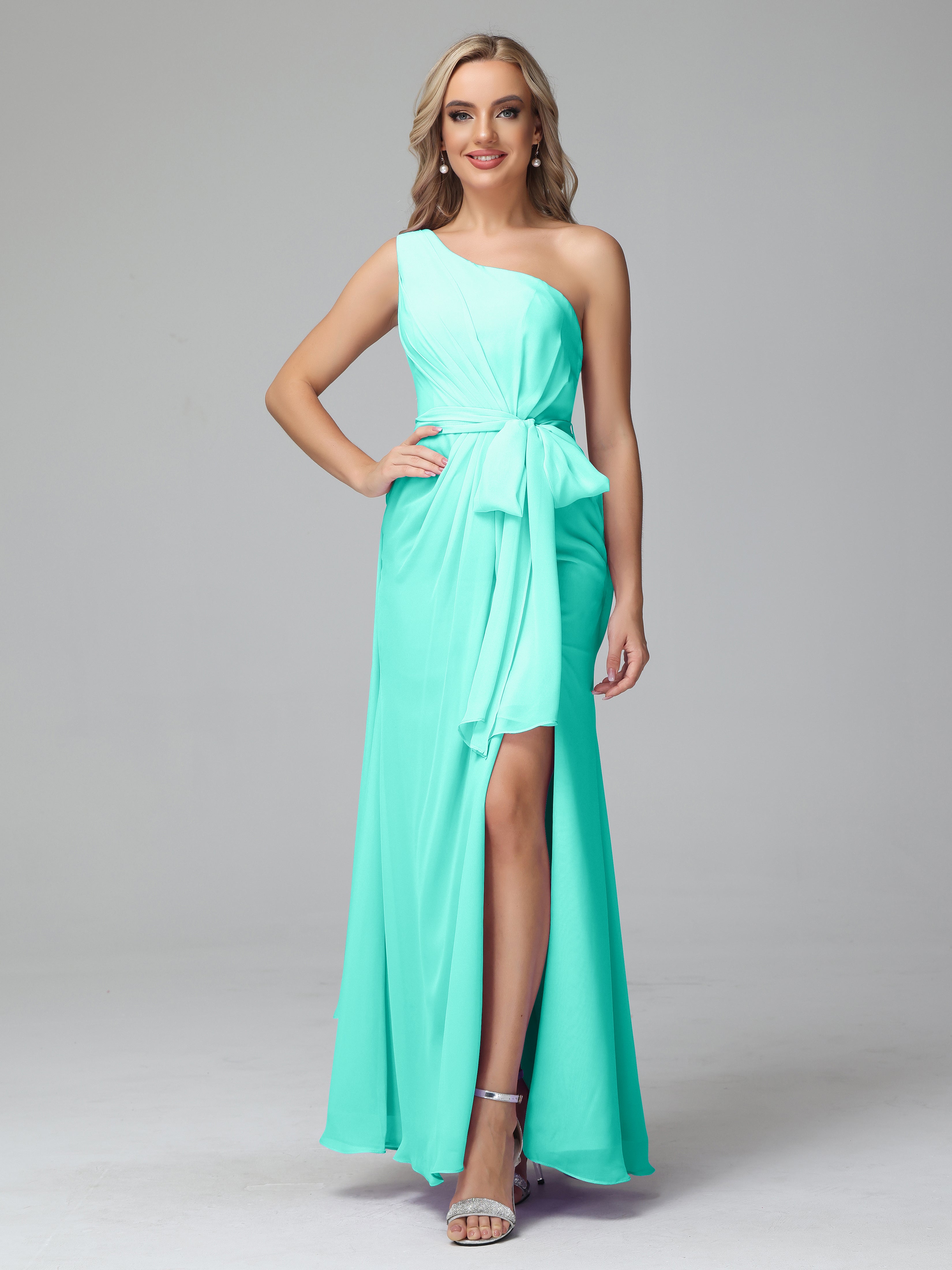 Robes De Demoiselle D'Honneur Spa Trapèze Décolleté Asymétrique Mousseline Robe De Demoiselle D'Honneur Avec Plissé