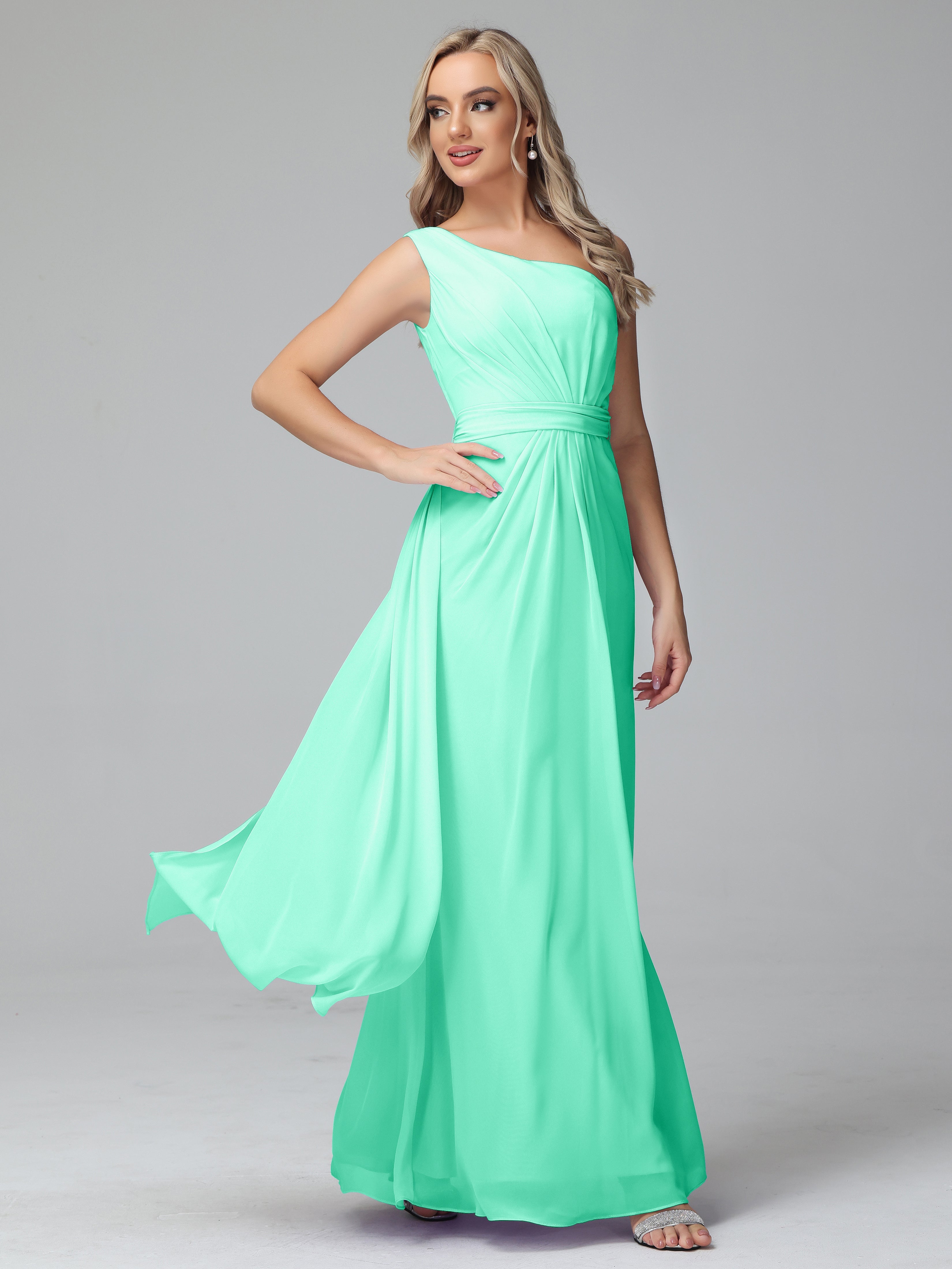 Robe De Demoiselle D Honneur Turquoise Trapèze Décolleté Asymétrique Mousseline Robe De Demoiselle D'Honneur Avec Plissé