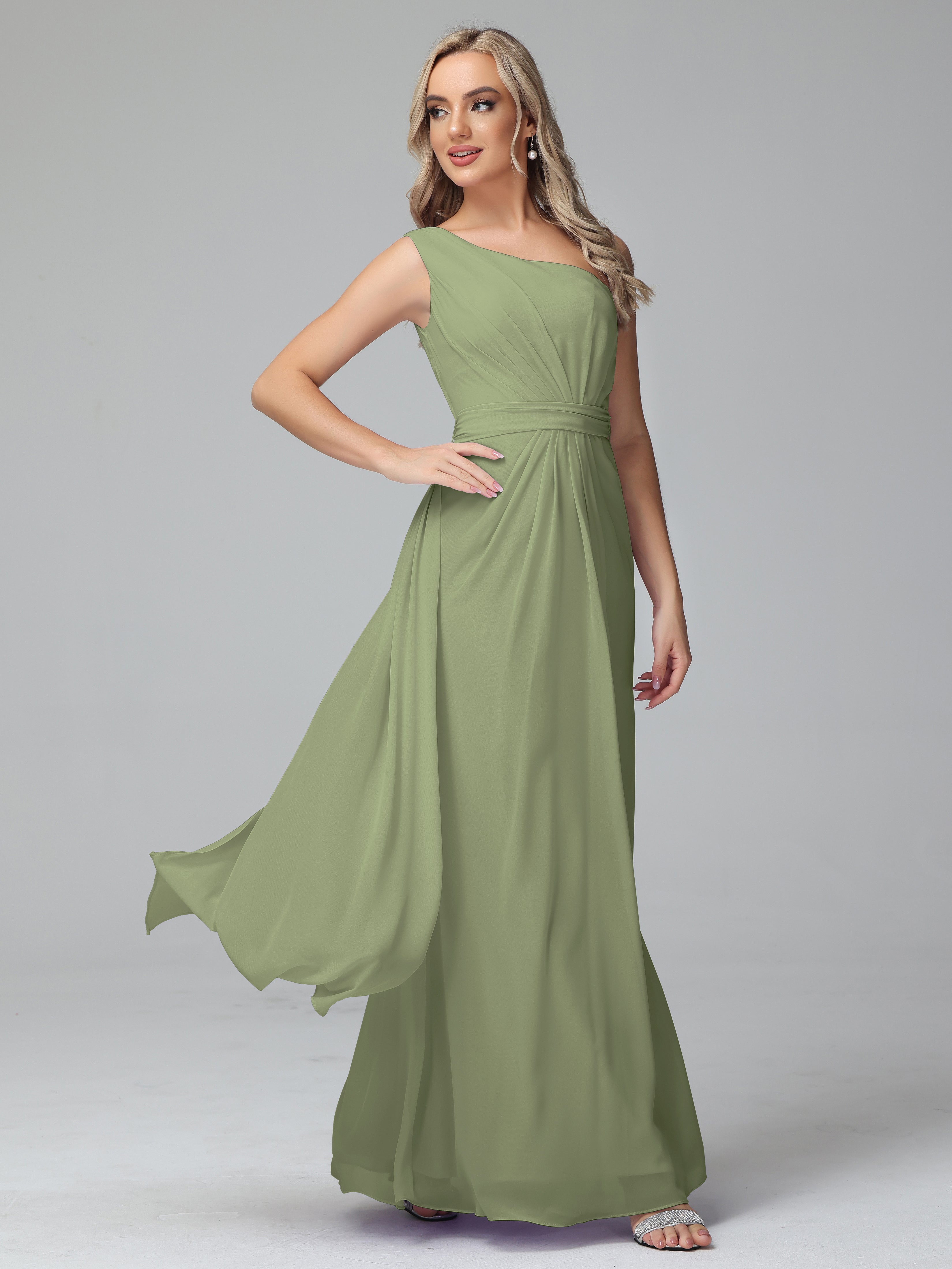 Robes De Demoiselle D'Honneur Vert Olive Trapèze Décolleté Asymétrique Mousseline Robe De Demoiselle D'Honneur Avec Plissé