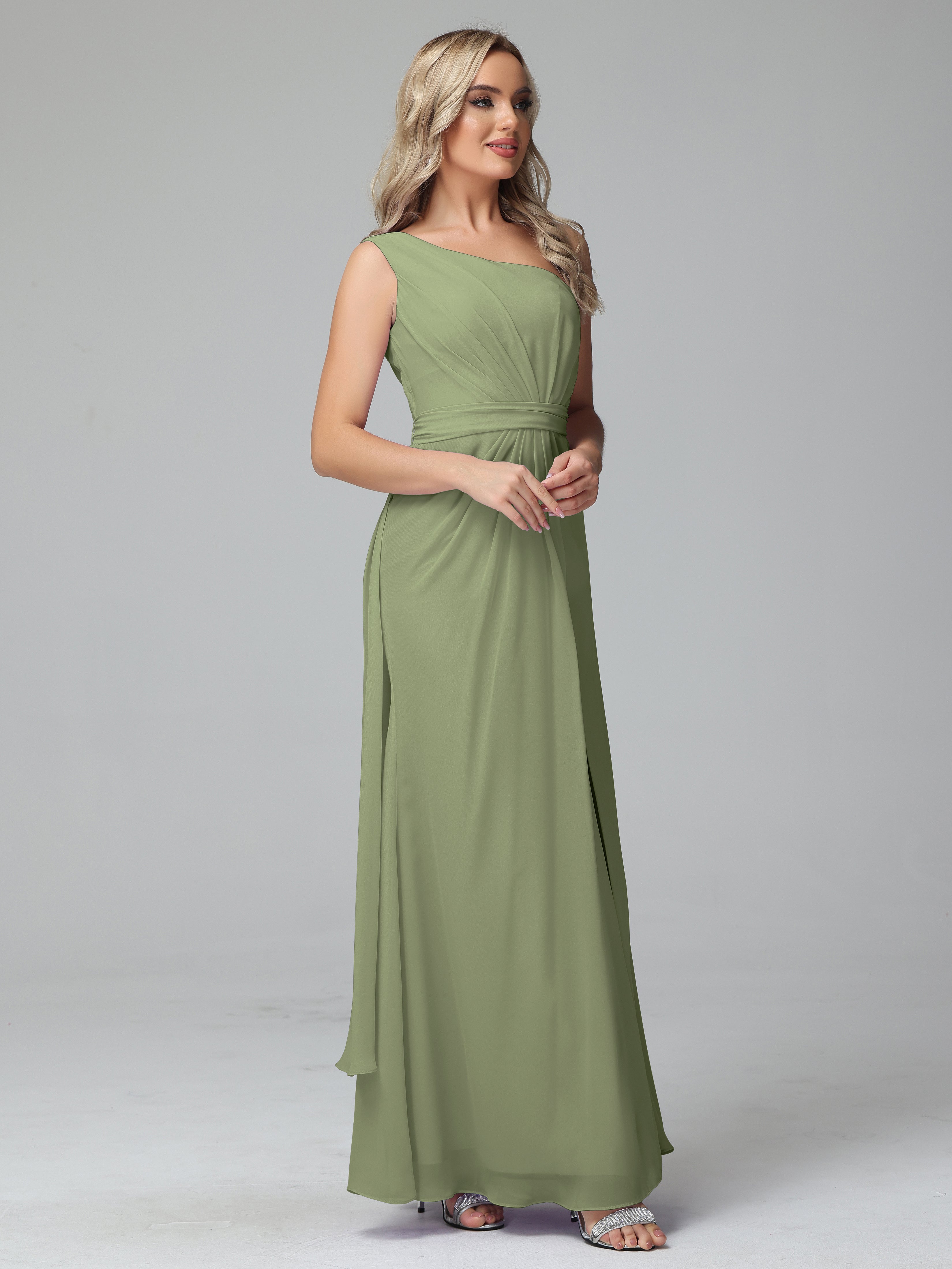 Robes De Demoiselle D'Honneur Vert Olive Trapèze Décolleté Asymétrique Mousseline Robe De Demoiselle D'Honneur Avec Plissé