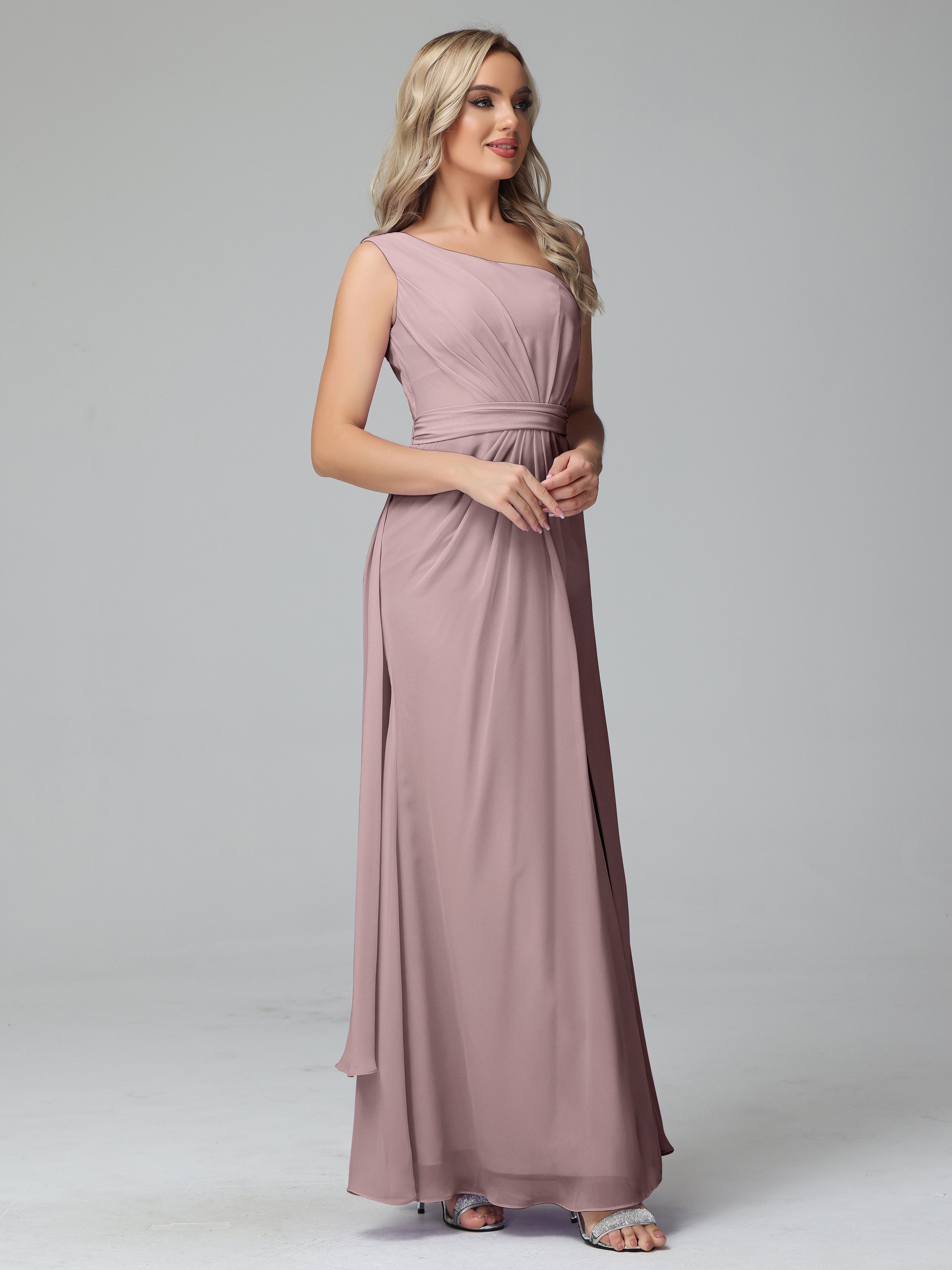 Robes De Demoiselle D'Honneur Vintage Mauve Trapèze Décolleté Asymétrique Mousseline Robe De Demoiselle D'Honneur Avec Plissé