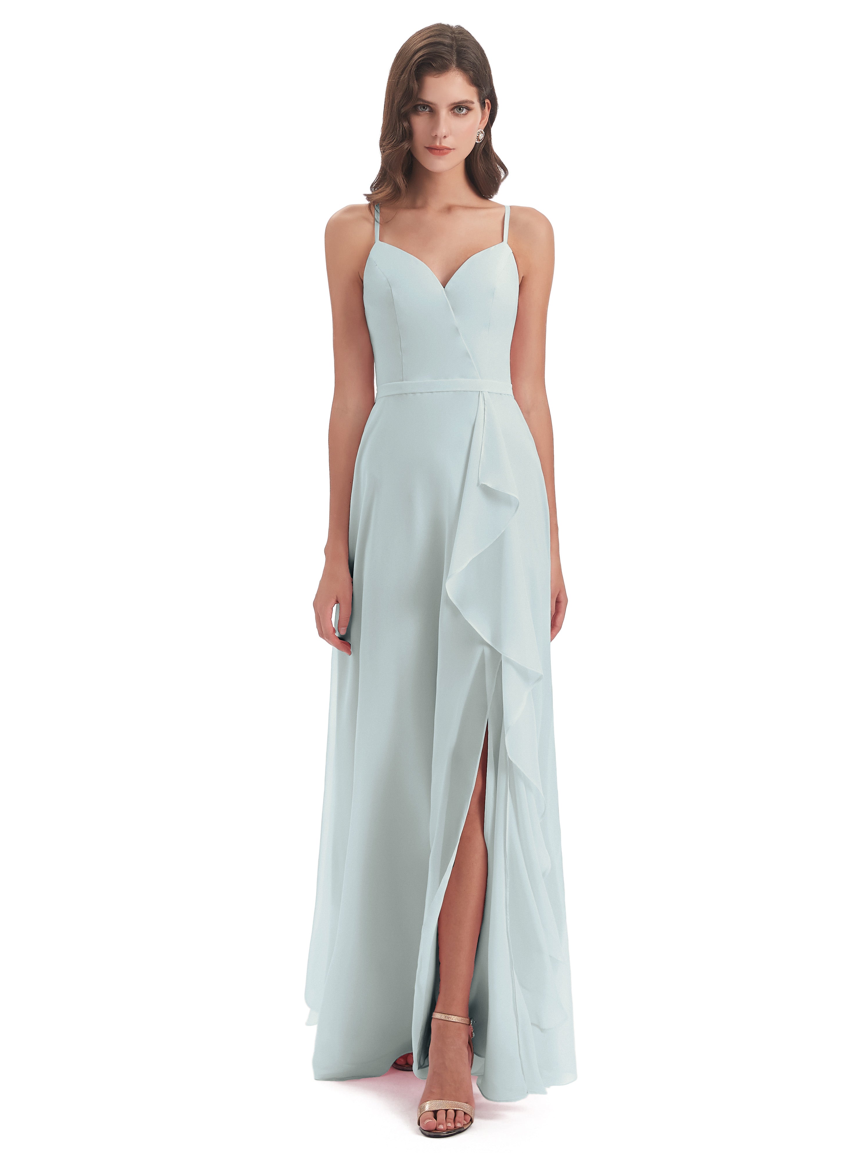 Robe Demoiselle D Honneur Celadon Fendue Devant Robes Demoiselle D'Honneur À Volants