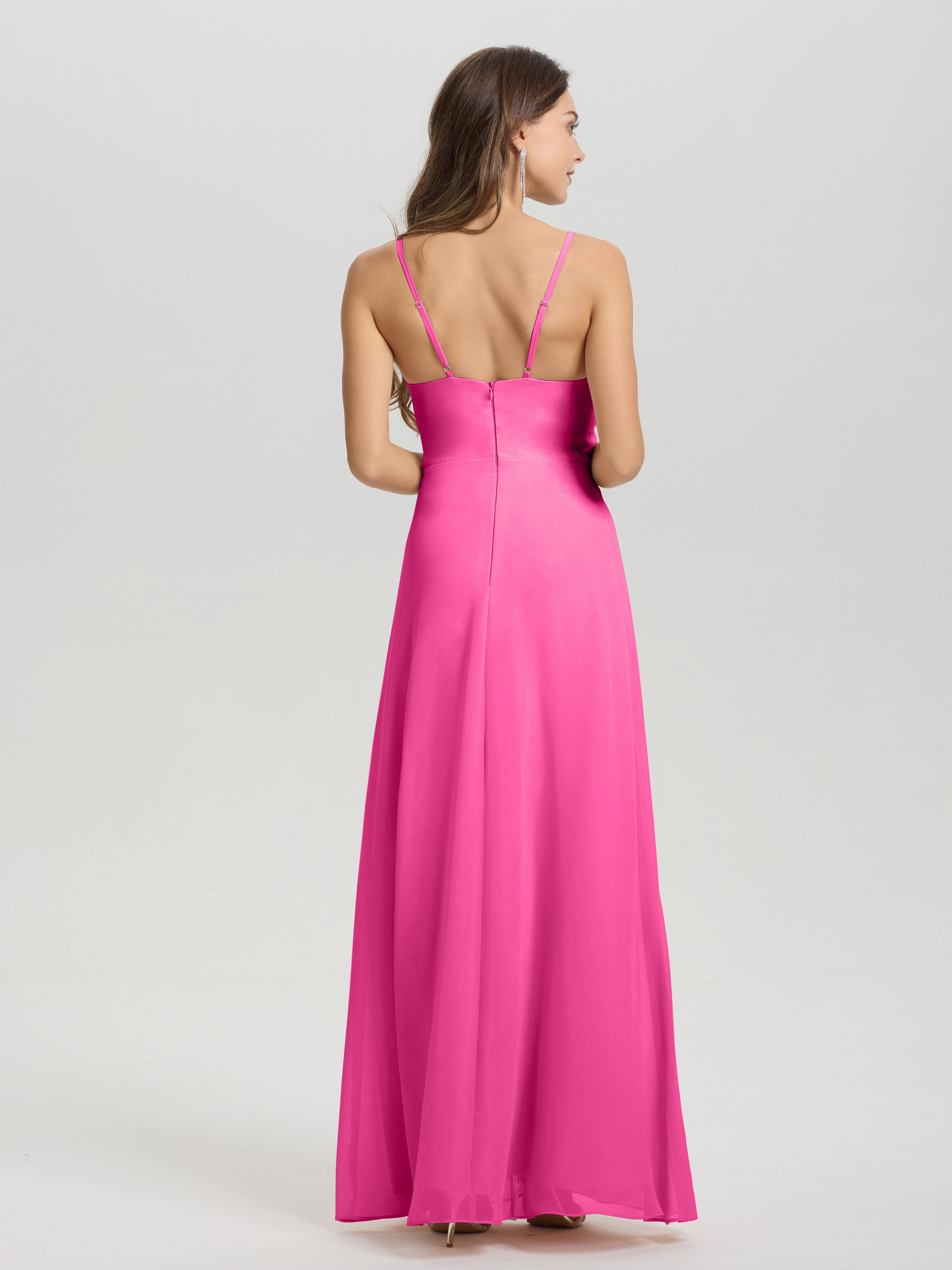 Robe Demoiselle D Honneur Azalée Col V Fendue Trapèze Mousseline Robe Demoiselle D'Honneur Avec Plisée Devant