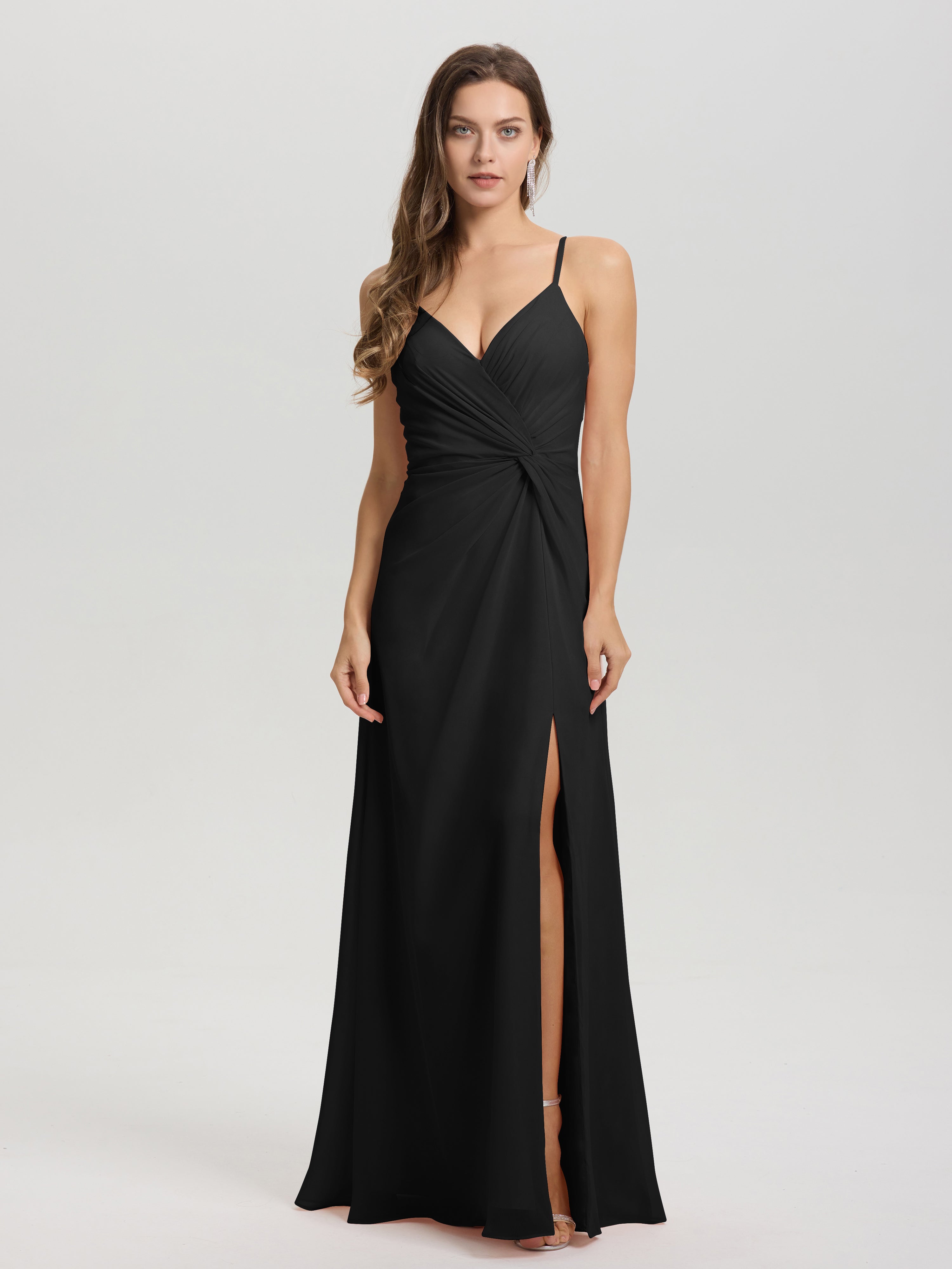 Robe Demoiselle D Honneur Noir Col V Fendue Trapèze Mousseline Robe Demoiselle D'Honneur Avec Plisée Devant