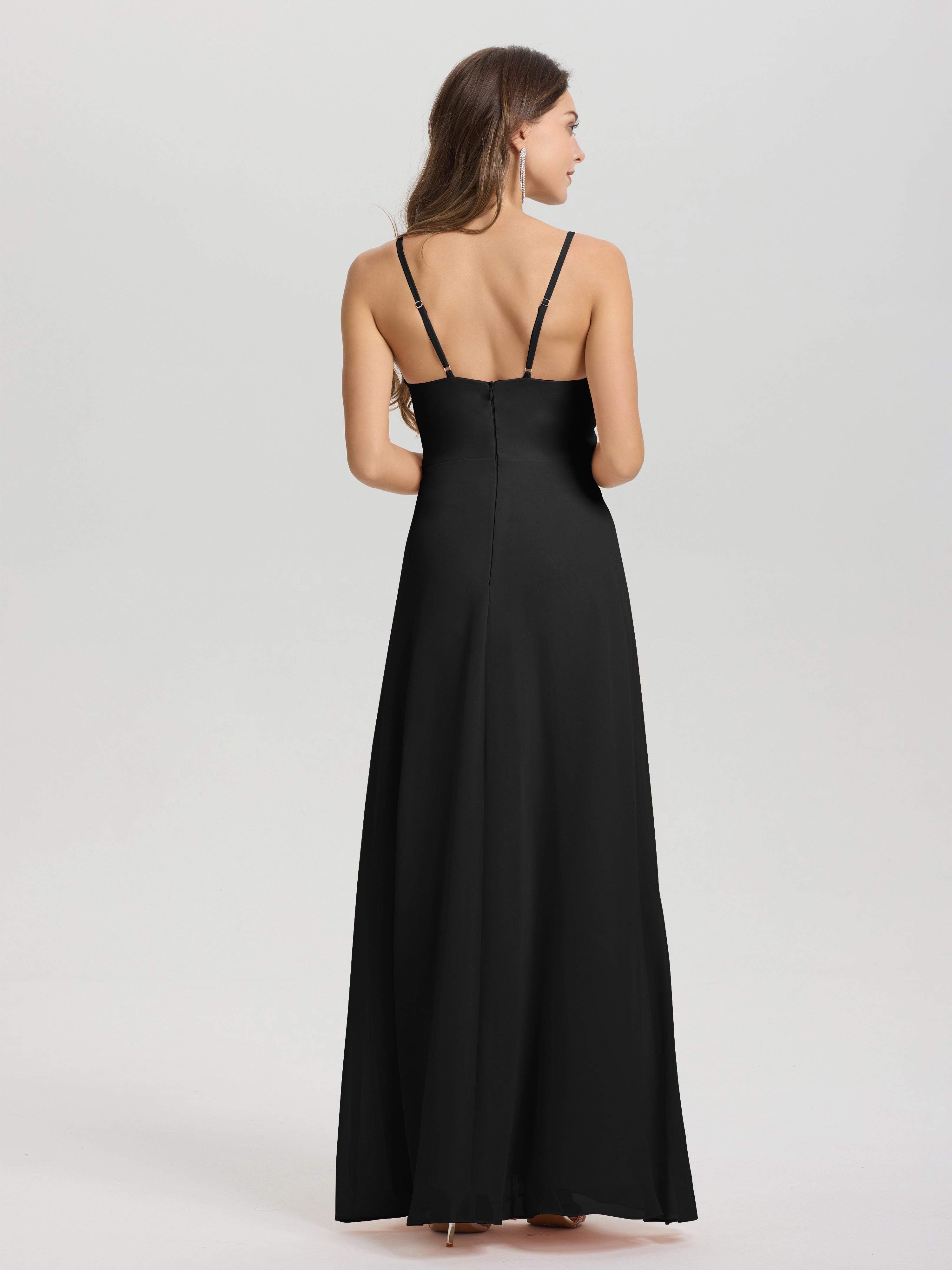 Robe Demoiselle D Honneur Noir Col V Fendue Trapèze Mousseline Robe Demoiselle D'Honneur Avec Plisée Devant