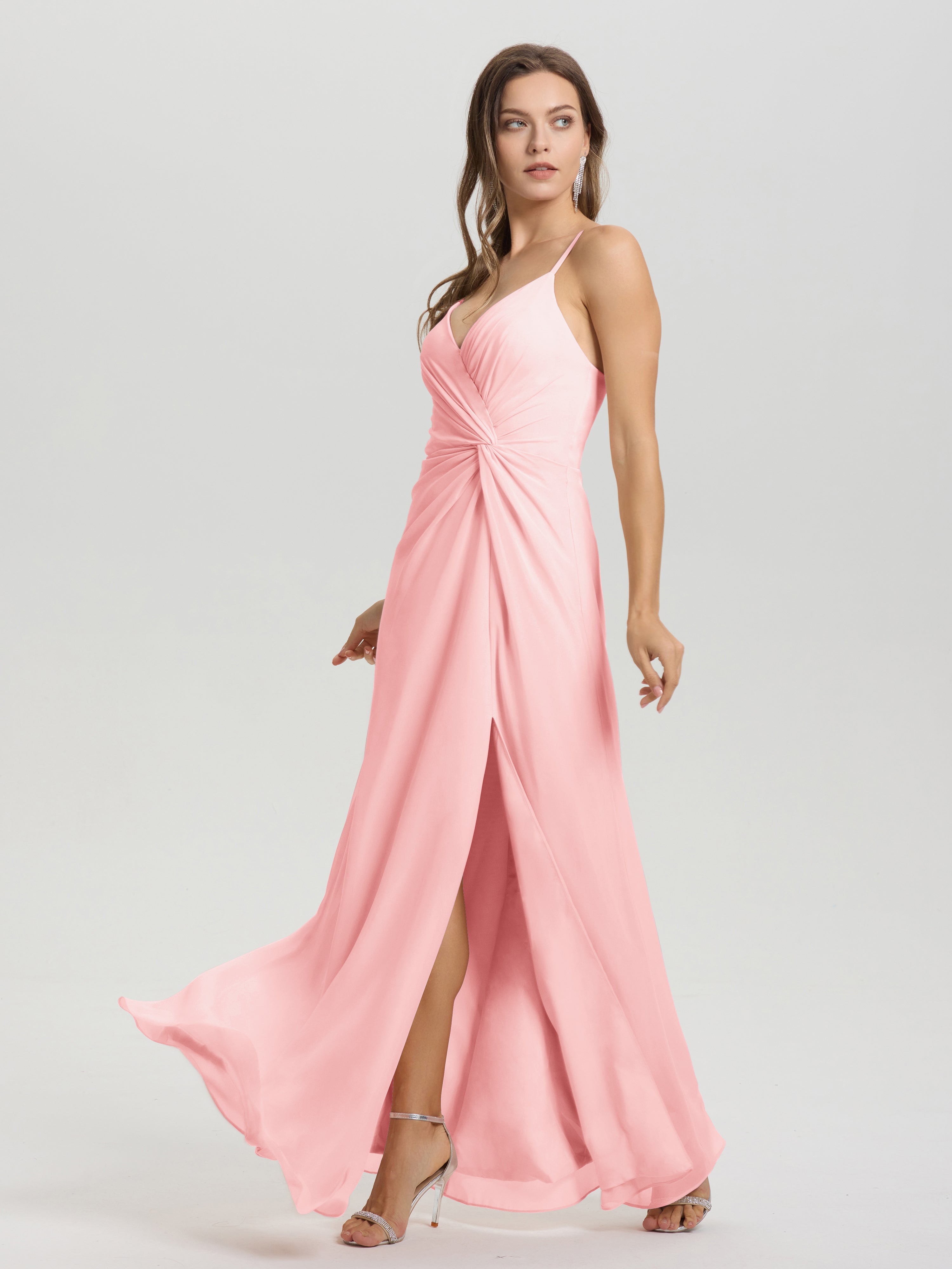 Robes De Demoiselle D'Honneur Rose Col V Fendue Trapèze Mousseline Robe Demoiselle D'Honneur Avec Plisée Devant