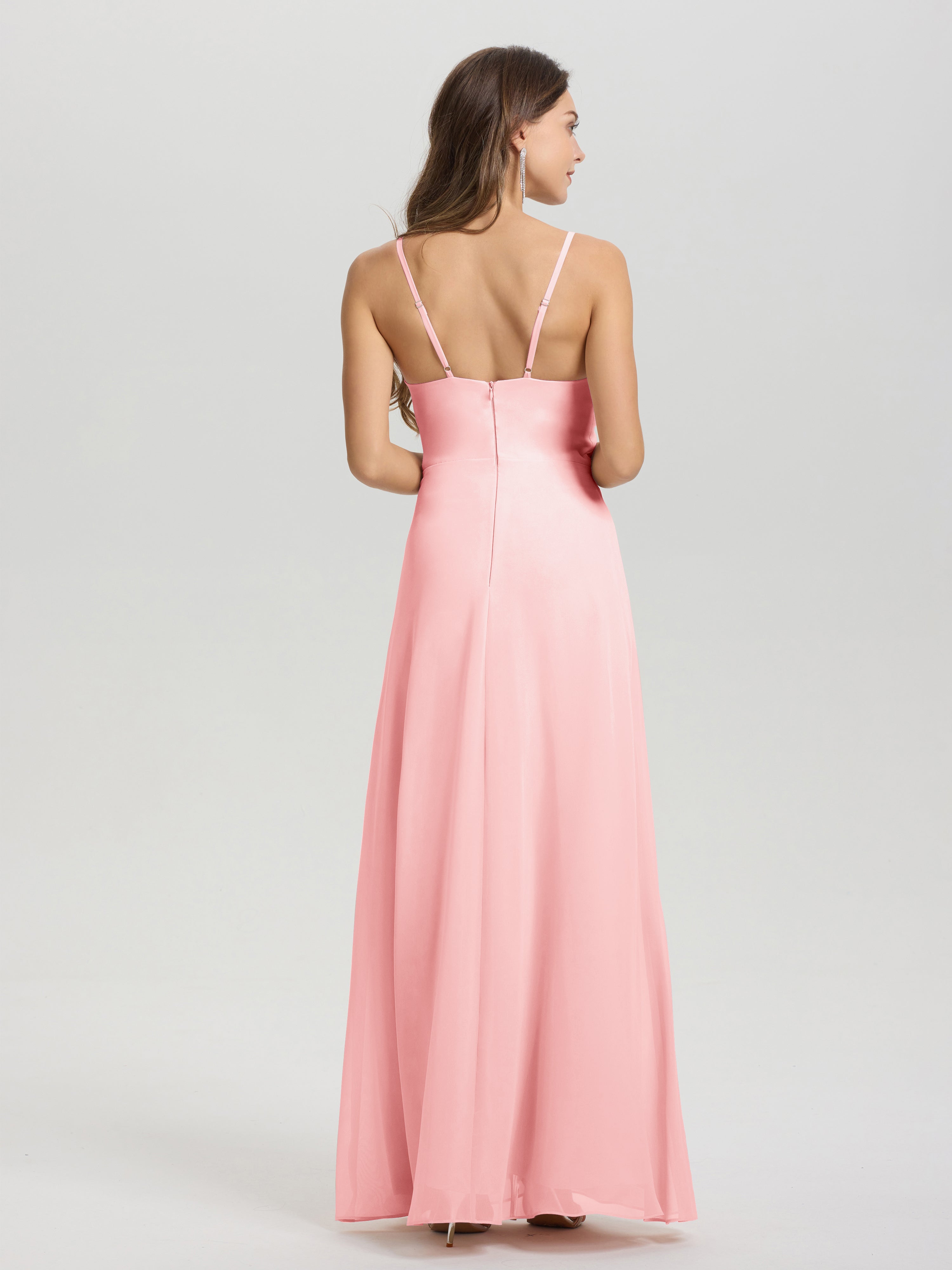 Robes De Demoiselle D'Honneur Rose Col V Fendue Trapèze Mousseline Robe Demoiselle D'Honneur Avec Plisée Devant