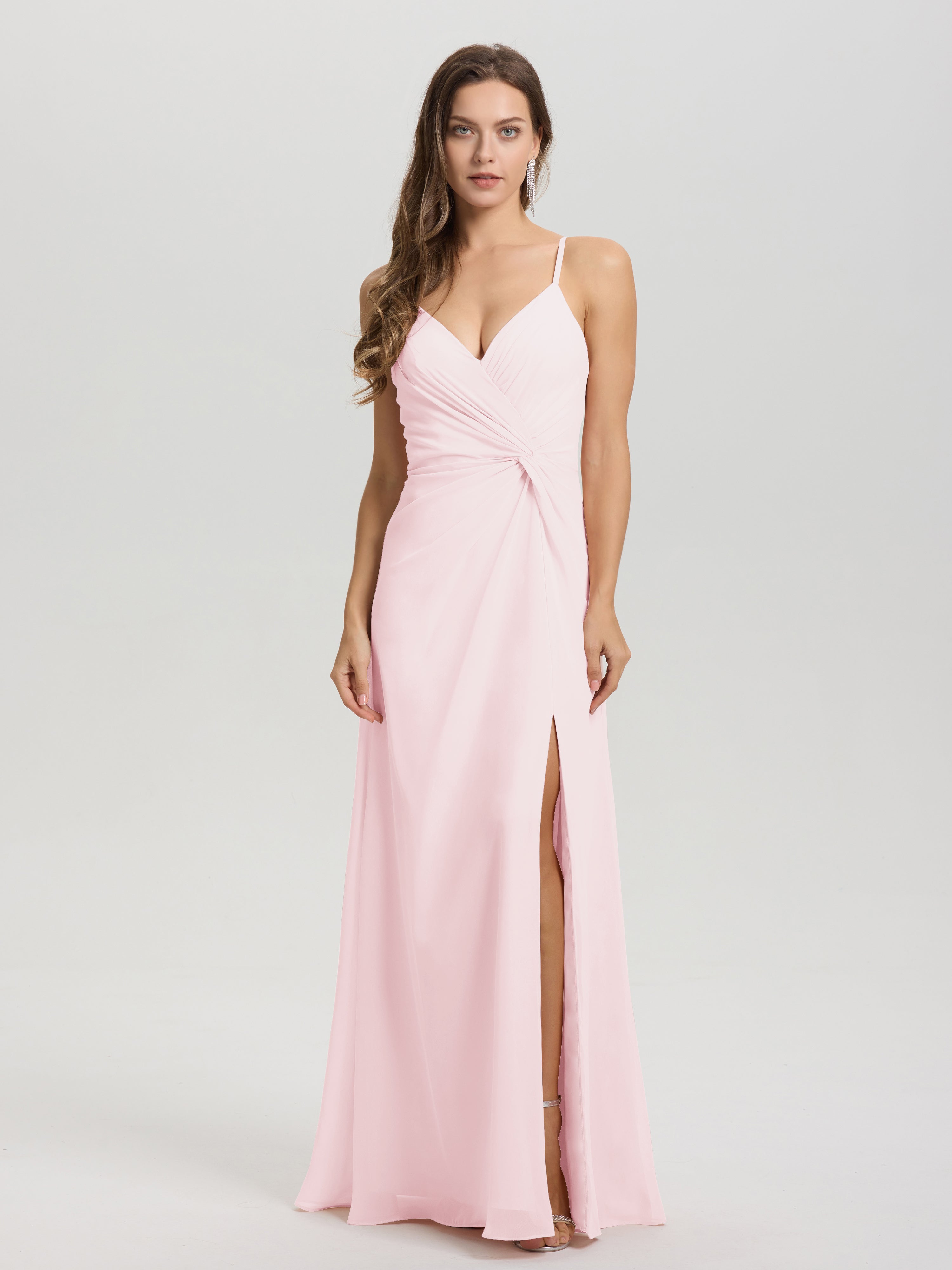 Demoiselle D Honneur Rose Pale Col V Fendue Trapèze Mousseline Robe Demoiselle D'Honneur Avec Plisée Devant