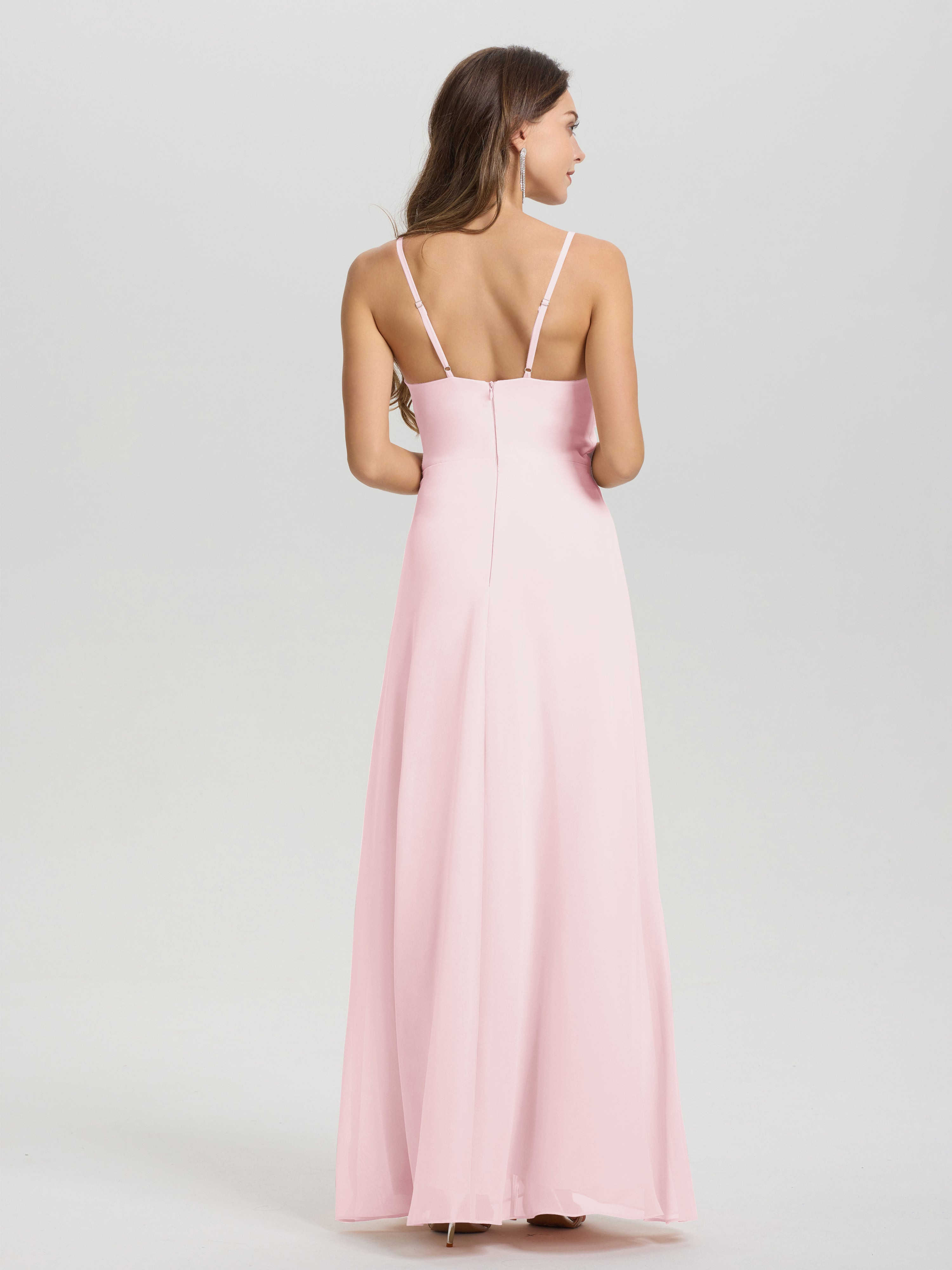 Demoiselle D Honneur Rose Pale Col V Fendue Trapèze Mousseline Robe Demoiselle D'Honneur Avec Plisée Devant