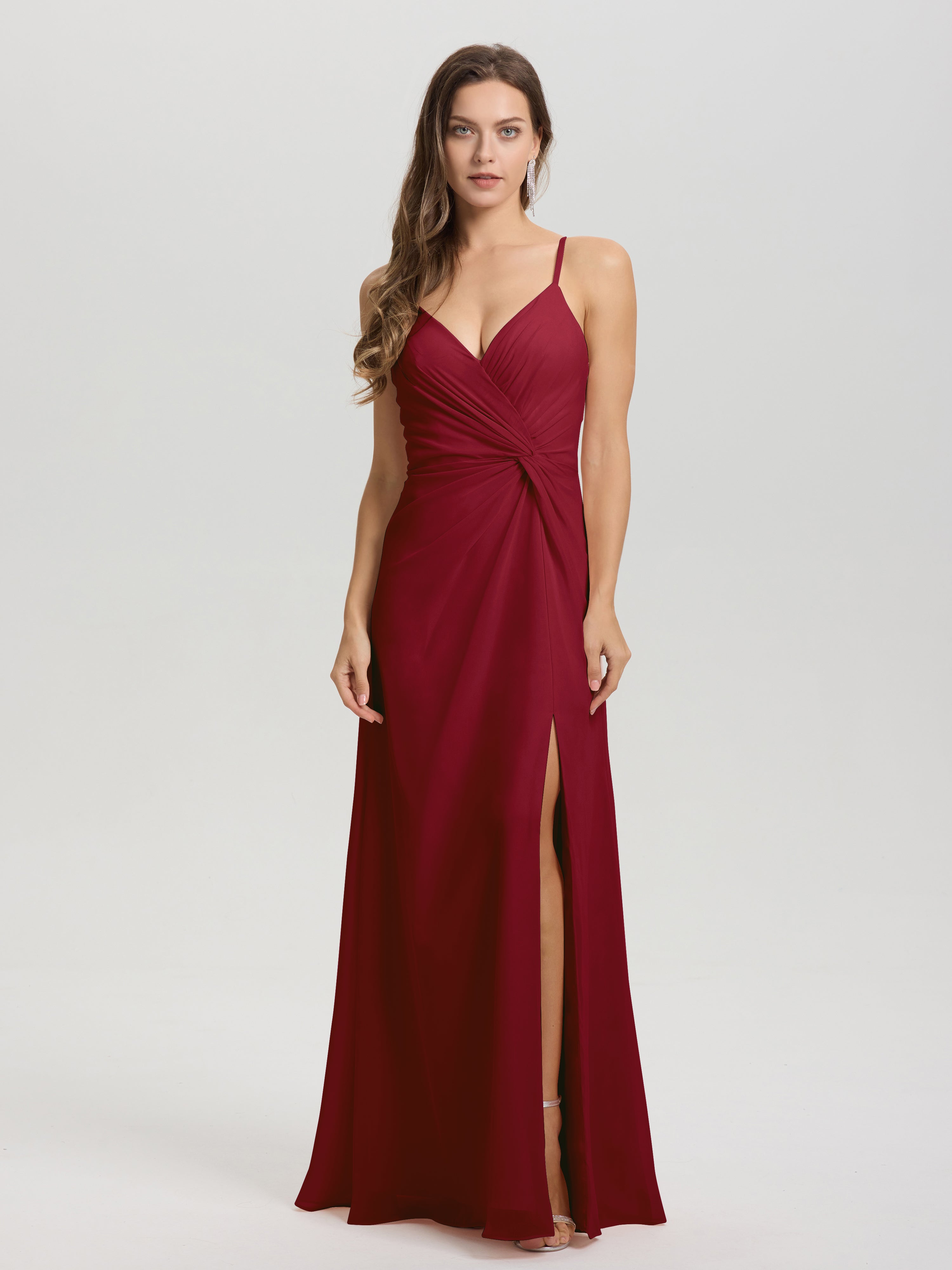 Robe Longue Demoiselle D Honneur Bordeaux Col V Fendue Trapèze Mousseline Robe Demoiselle D'Honneur Avec Plisée Devant