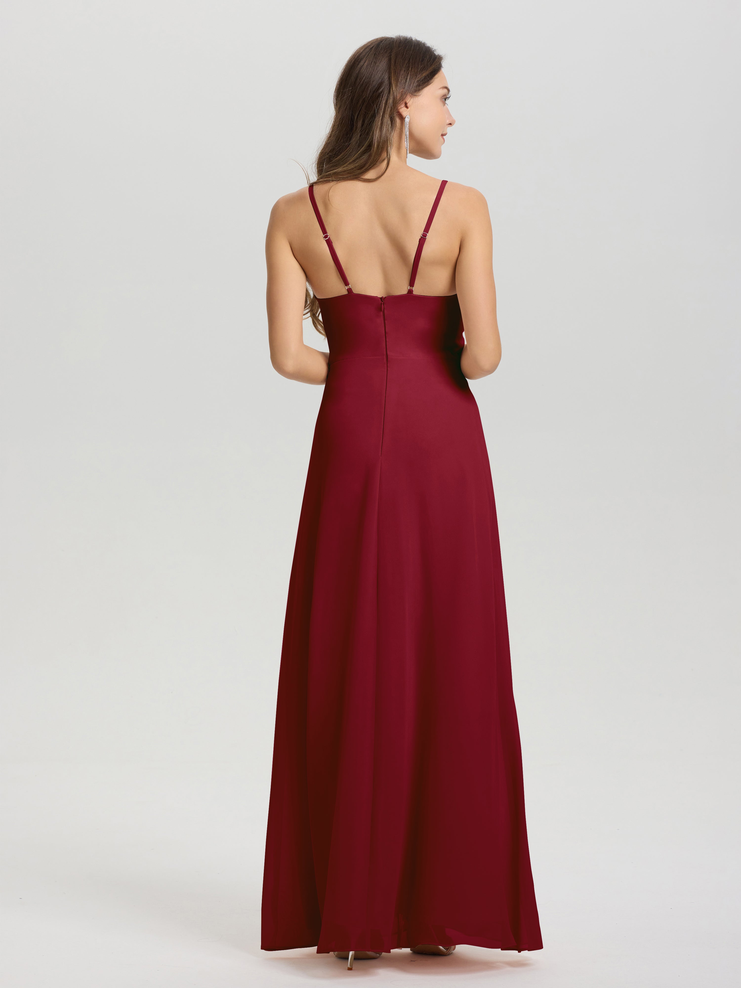 Robe Longue Demoiselle D Honneur Bordeaux Col V Fendue Trapèze Mousseline Robe Demoiselle D'Honneur Avec Plisée Devant