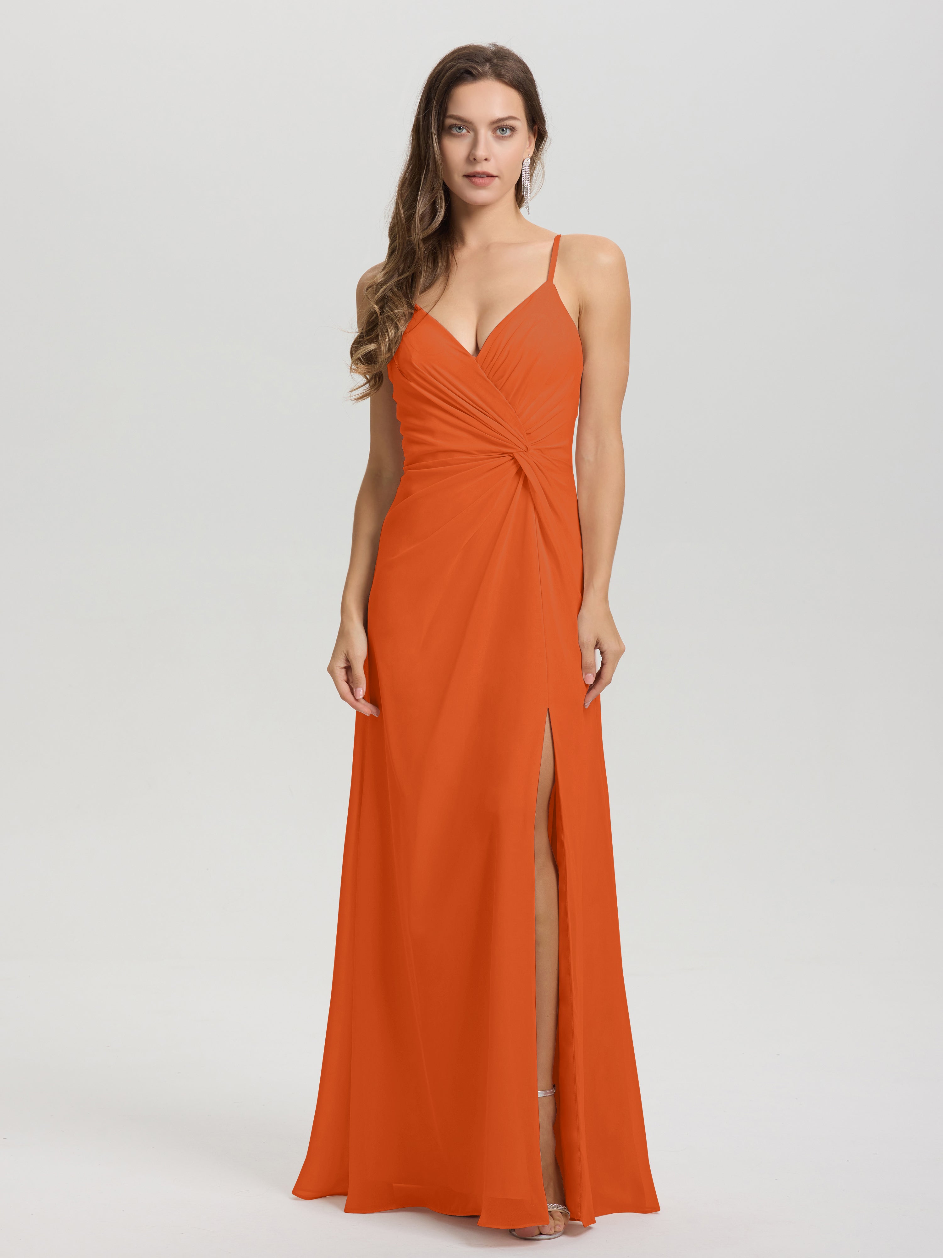 Robes De Demoiselle D'Honneur Orange Foncé Col V Fendue Trapèze Mousseline Robe Demoiselle D'Honneur Avec Plisée Devant