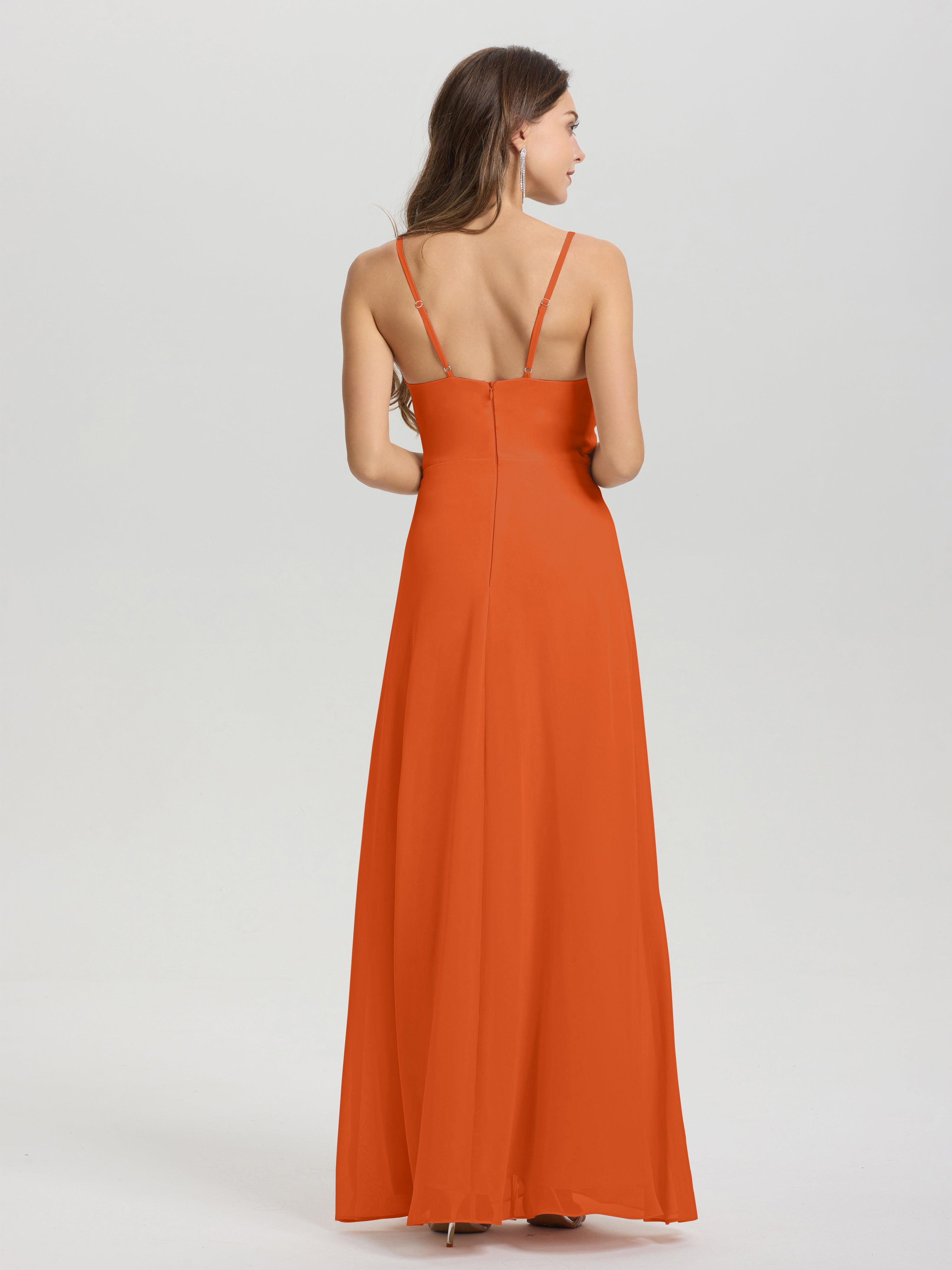 Robes De Demoiselle D'Honneur Orange Foncé Col V Fendue Trapèze Mousseline Robe Demoiselle D'Honneur Avec Plisée Devant