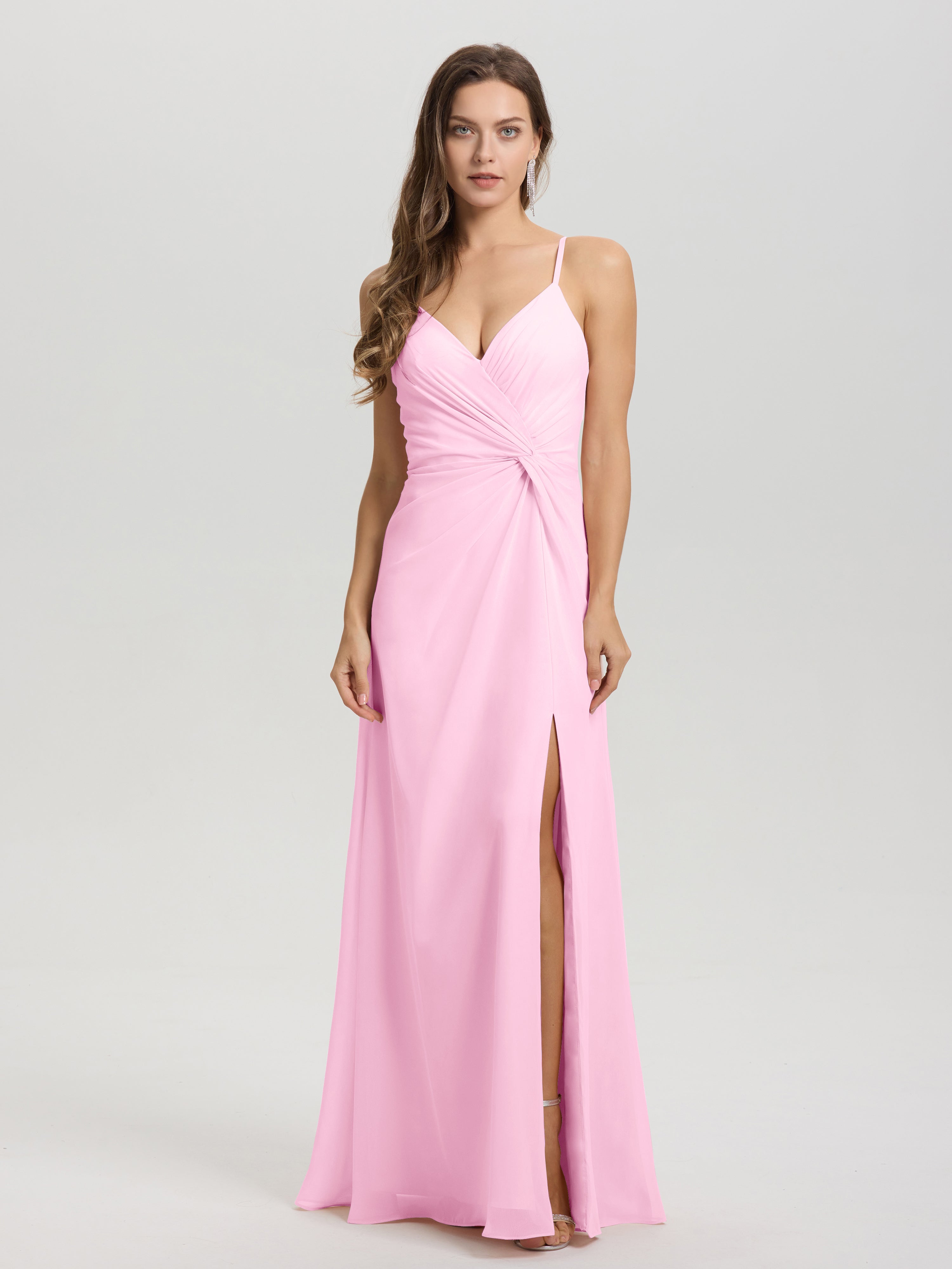 Robes De Demoiselle D'Honneur Rose Bonbon Col V Fendue Trapèze Mousseline Robe Demoiselle D'Honneur Avec Plisée Devant
