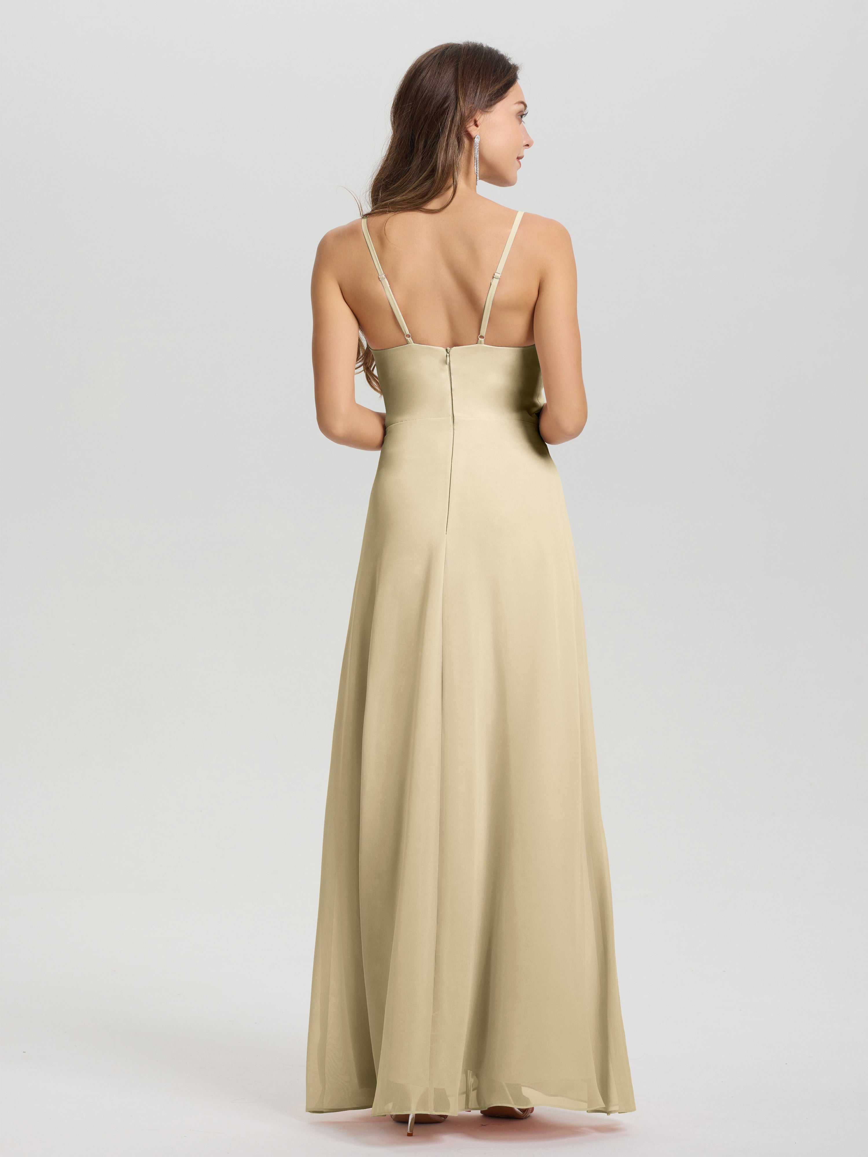 Robes De Demoiselle D'Honneur Couleur Champagne Col V Fendue Trapèze Mousseline Robe Demoiselle D'Honneur Avec Plisée Devant