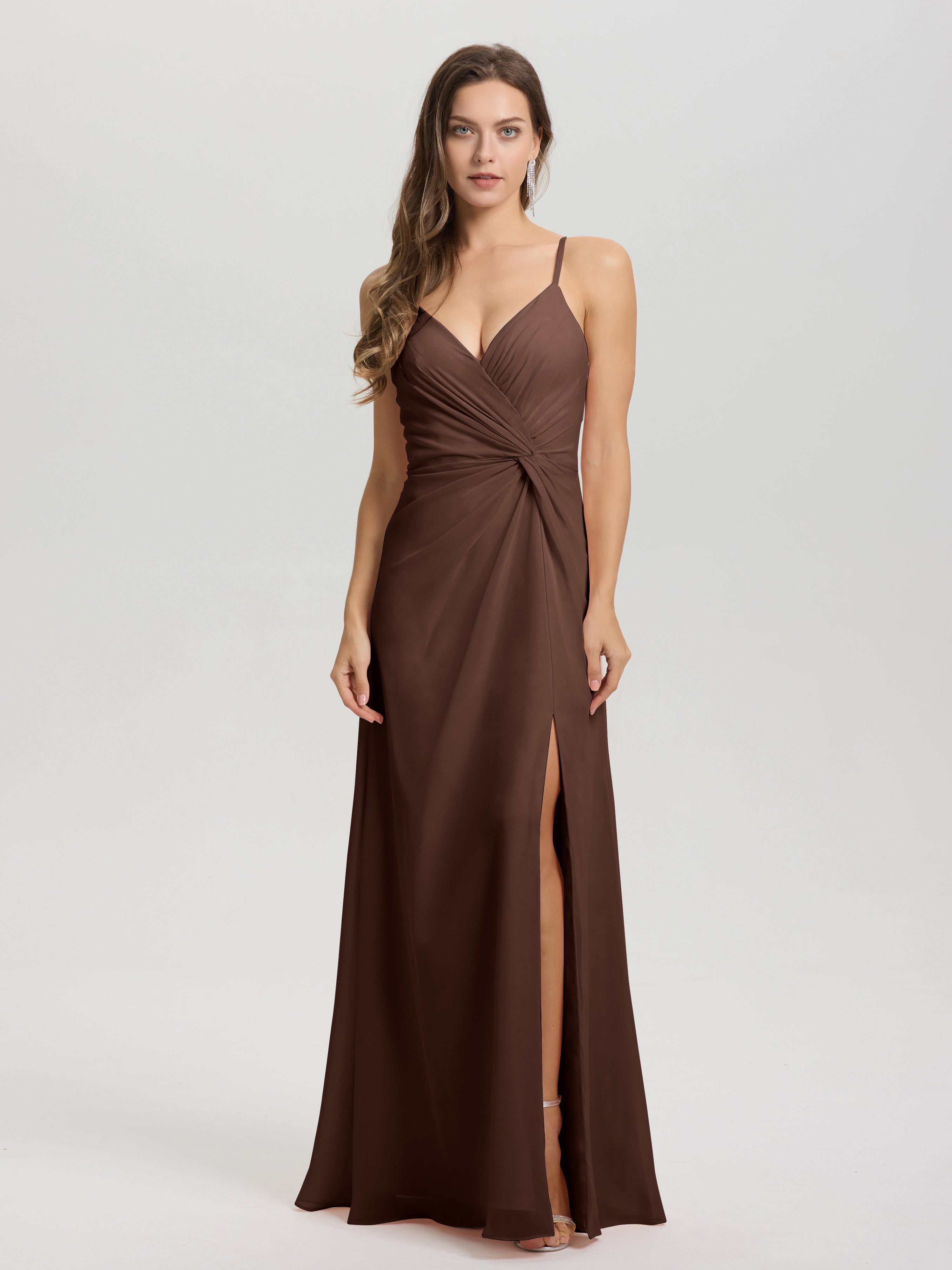 Robe Demoiselle D Honneur Marron Chocolat Col V Fendue Trapèze Mousseline Robe Demoiselle D'Honneur Avec Plisée Devant