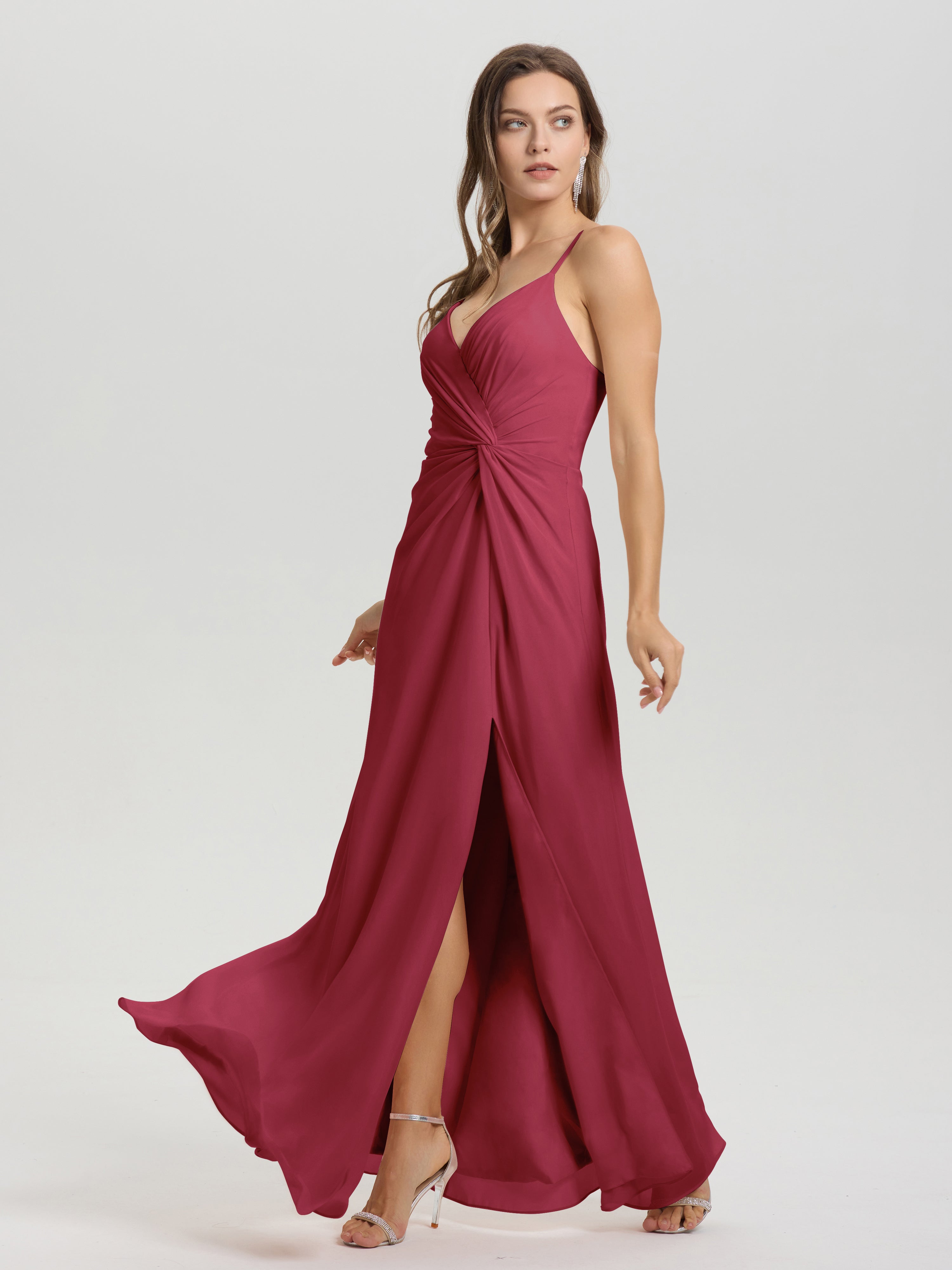 Robes De Demoiselle D'Honneur Rose Cannelle Col V Fendue Trapèze Mousseline Robe Demoiselle D'Honneur Avec Plisée Devant