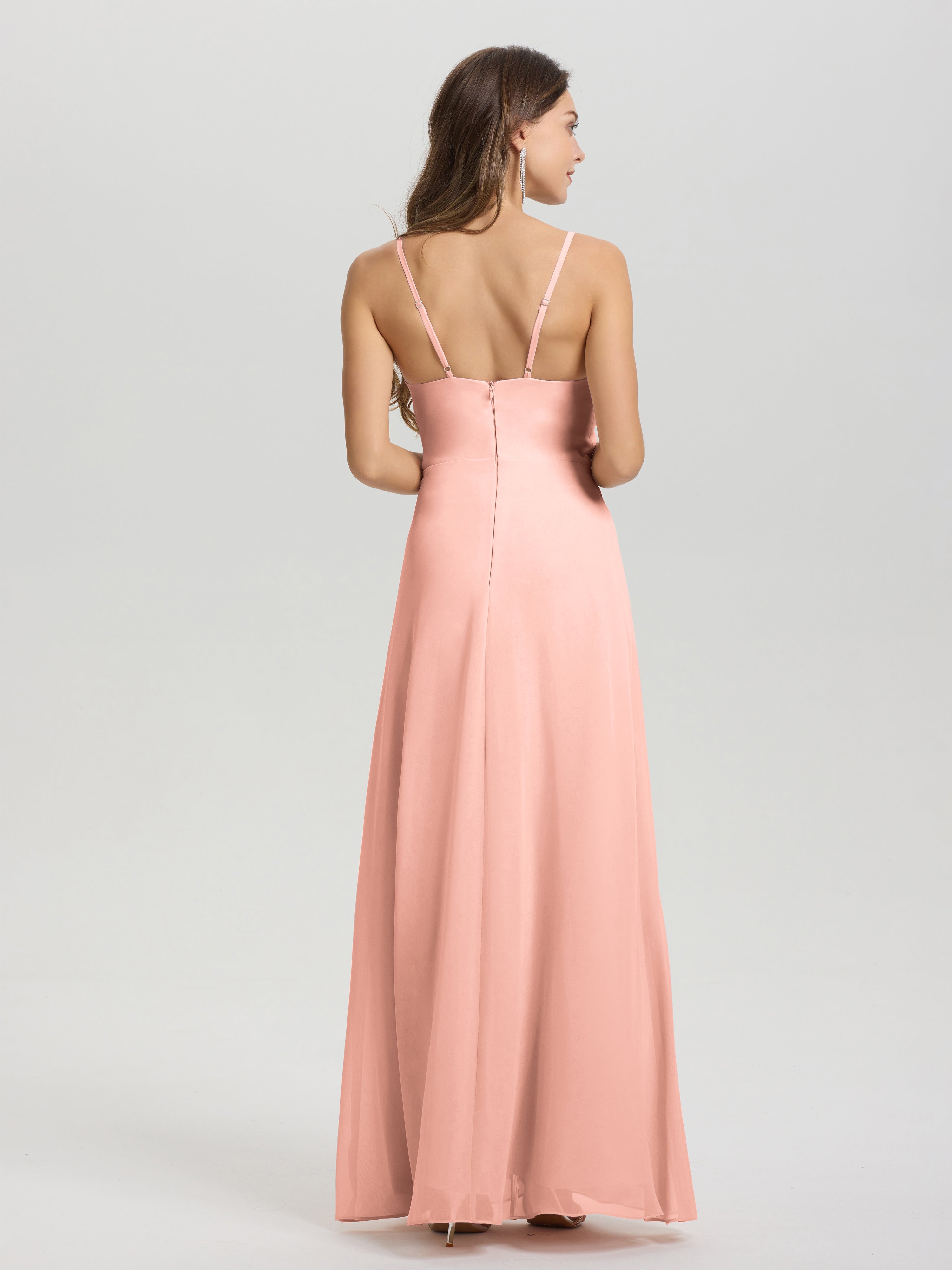 Demoiselle Dhonneur Robe Corail Col V Fendue Trapèze Mousseline Robe Demoiselle D'Honneur Avec Plisée Devant