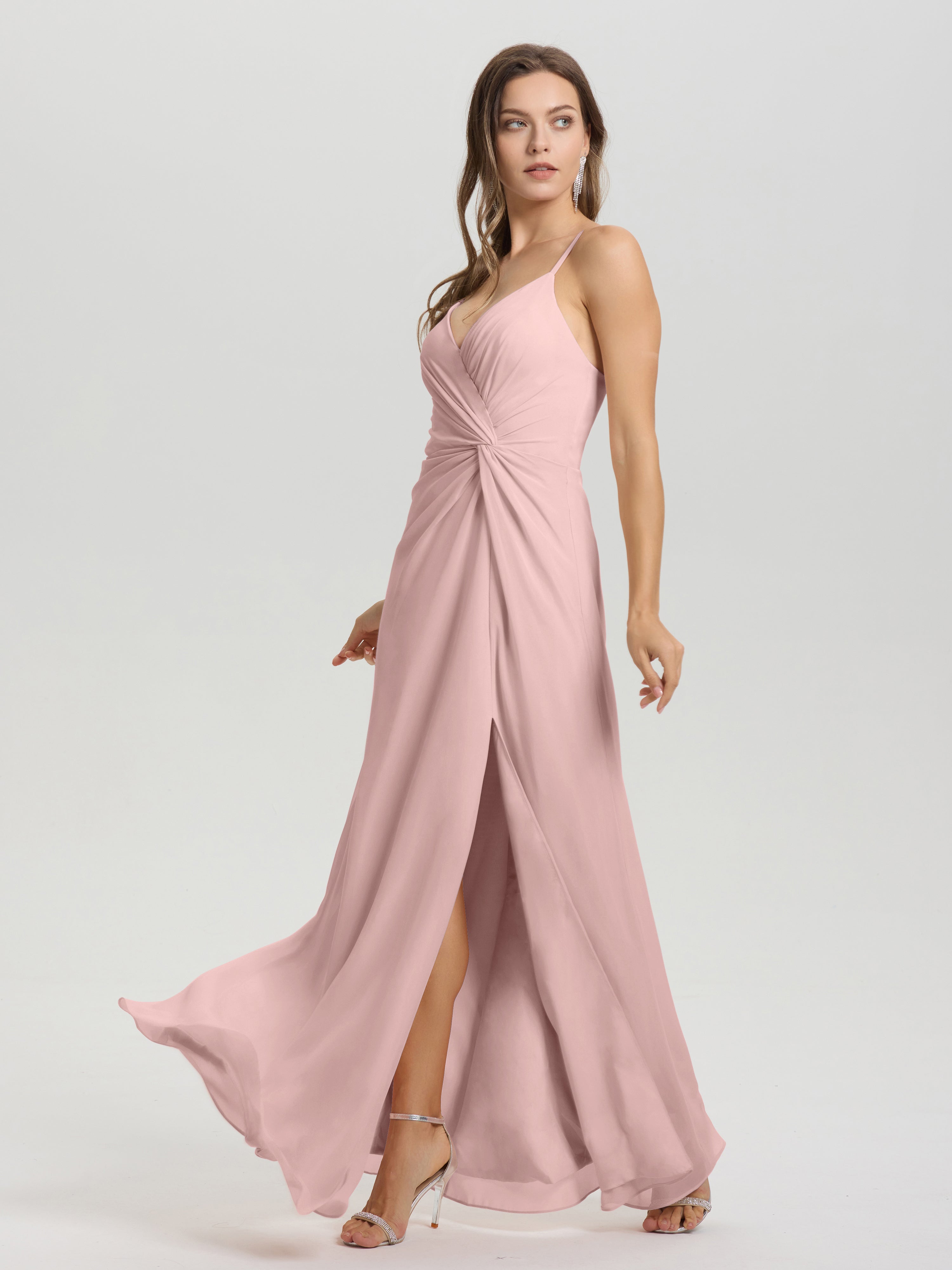 Robe De Demoiselle D Honneur Rose Poudré Col V Fendue Trapèze Mousseline Robe Demoiselle D'Honneur Avec Plisée Devant