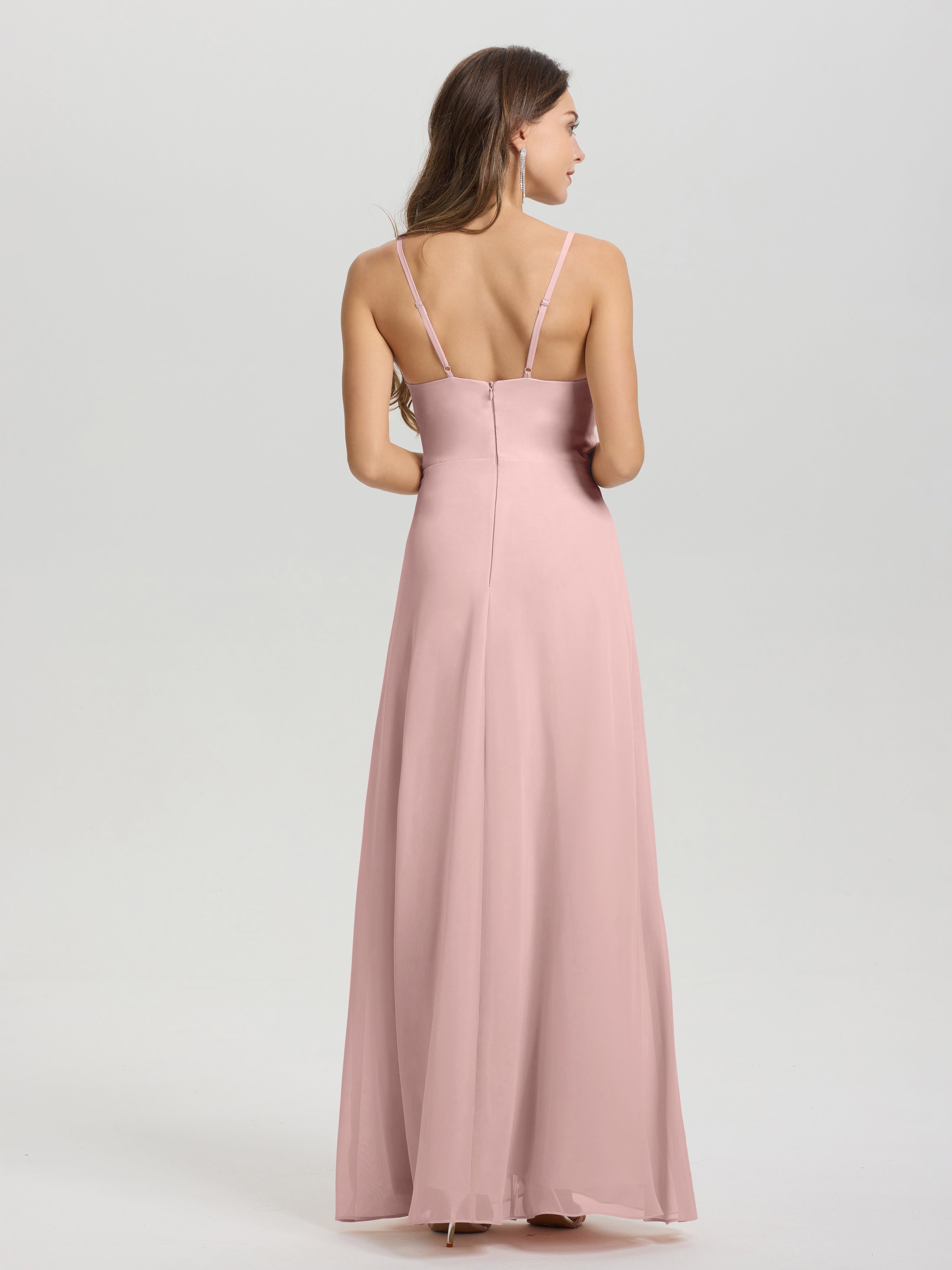 Robe De Demoiselle D Honneur Rose Poudré Col V Fendue Trapèze Mousseline Robe Demoiselle D'Honneur Avec Plisée Devant