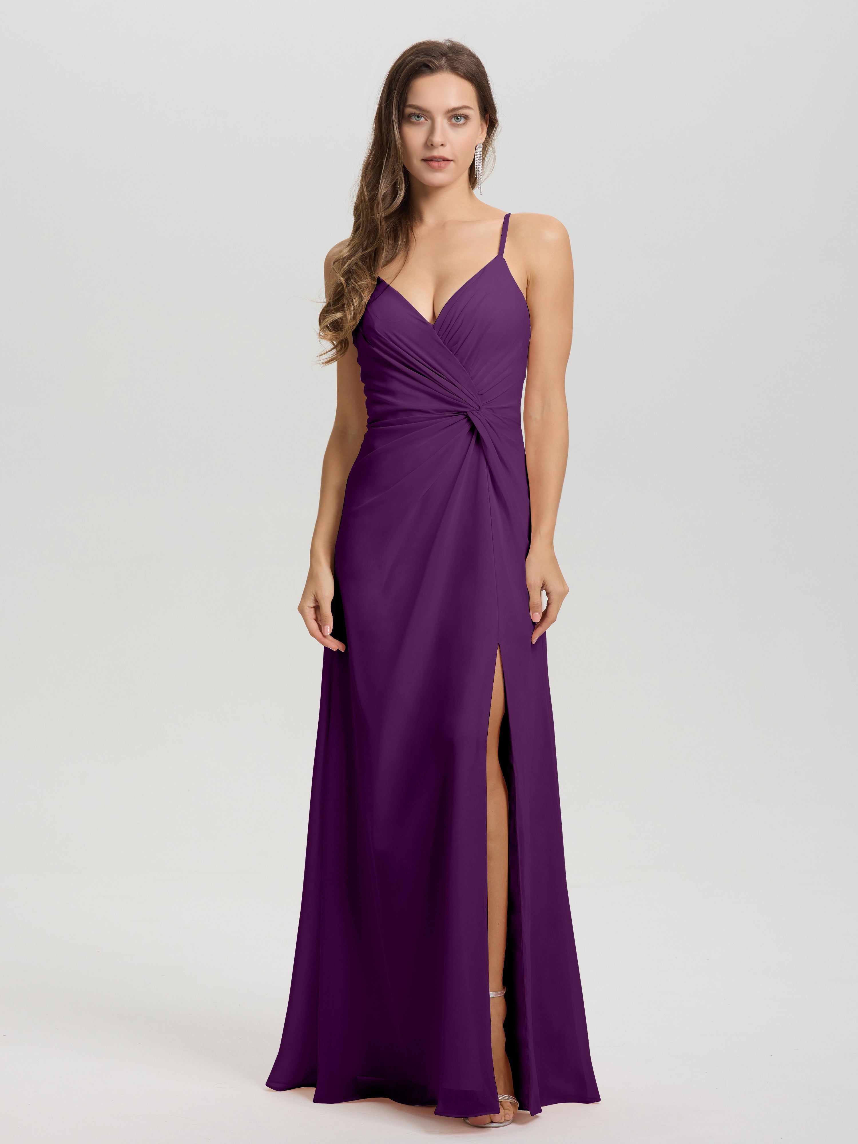 Robes De Demoiselle D'Honneur En Raisin Col V Fendue Trapèze Mousseline Robe Demoiselle D'Honneur Avec Plisée Devant