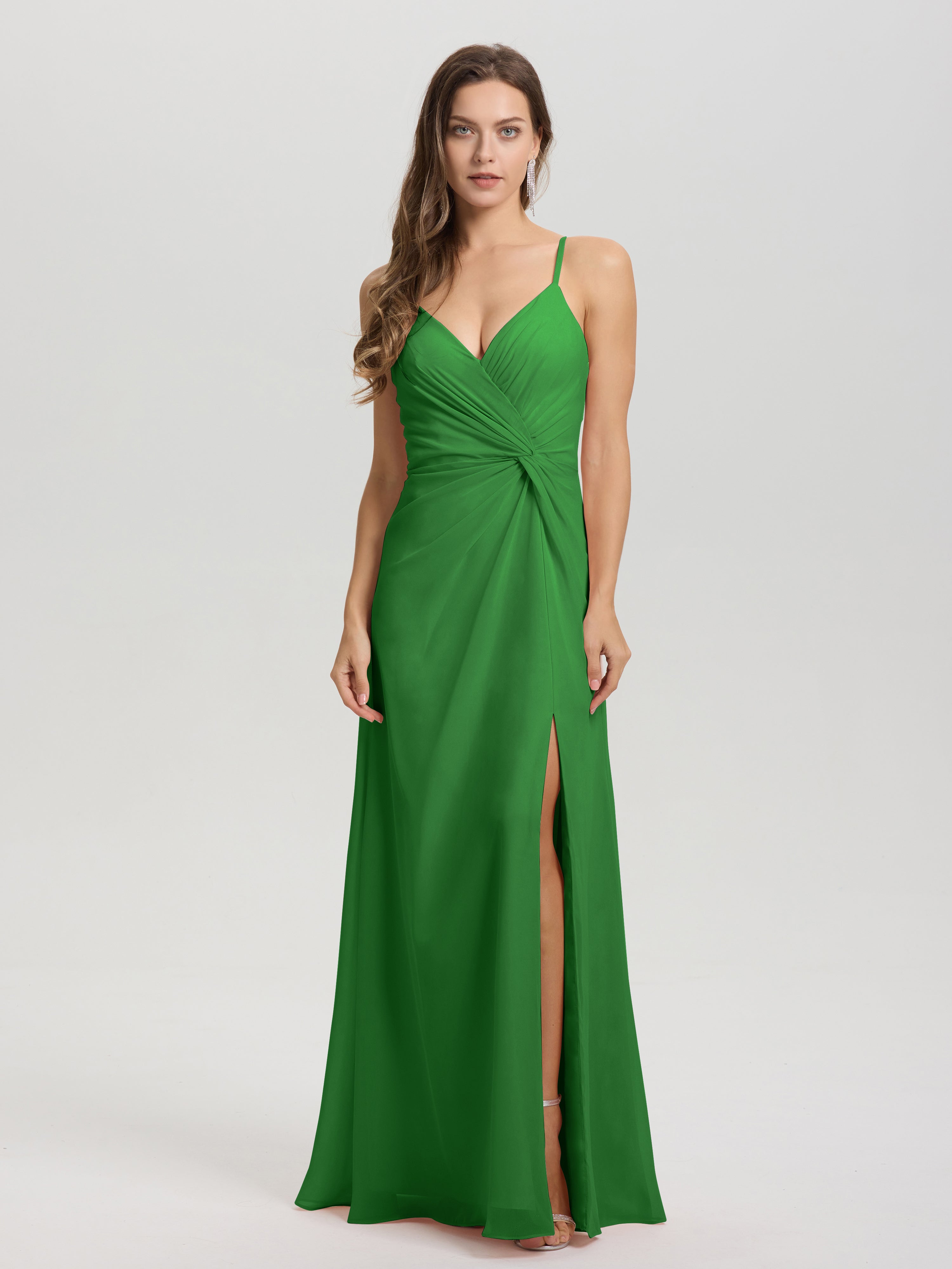 Robes De Demoiselle D'Honneur Vert Pin Col V Fendue Trapèze Mousseline Robe Demoiselle D'Honneur Avec Plisée Devant