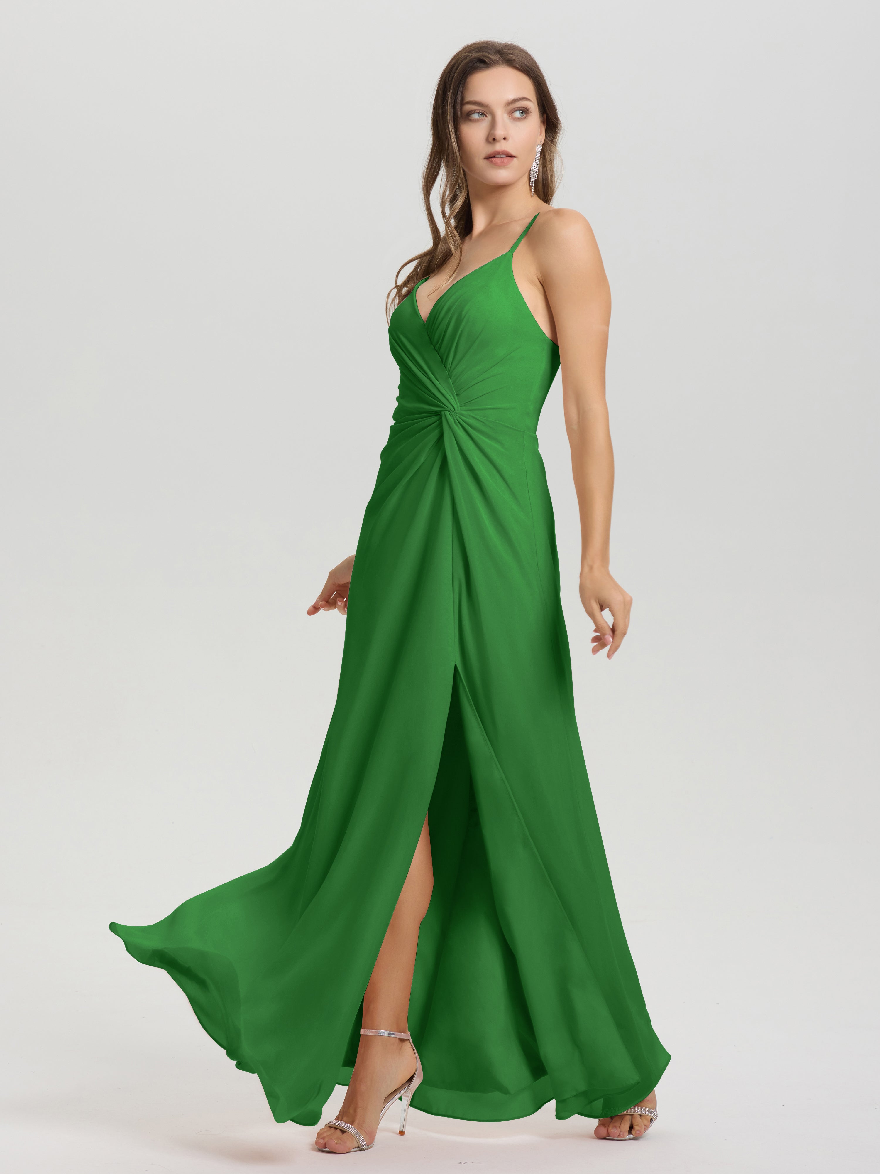 Robes De Demoiselle D'Honneur Vert Pin Col V Fendue Trapèze Mousseline Robe Demoiselle D'Honneur Avec Plisée Devant