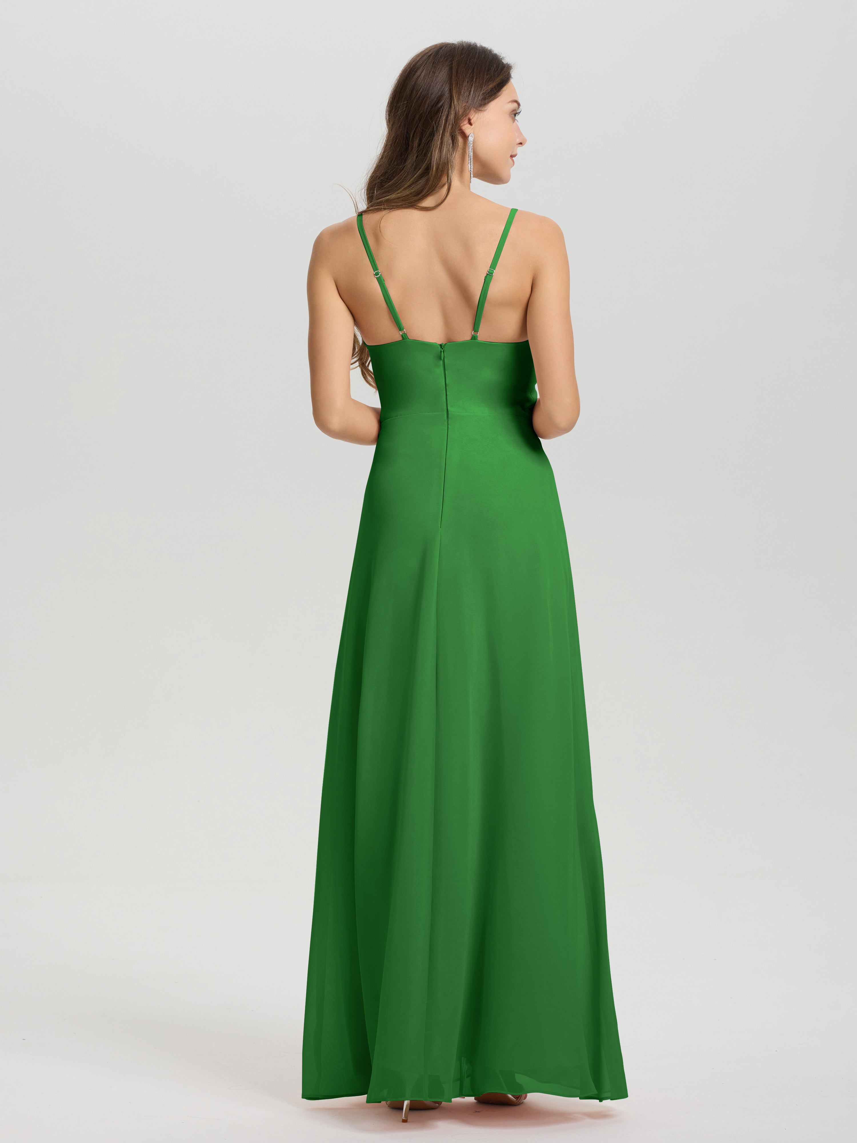 Robes De Demoiselle D'Honneur Vert Pin Col V Fendue Trapèze Mousseline Robe Demoiselle D'Honneur Avec Plisée Devant