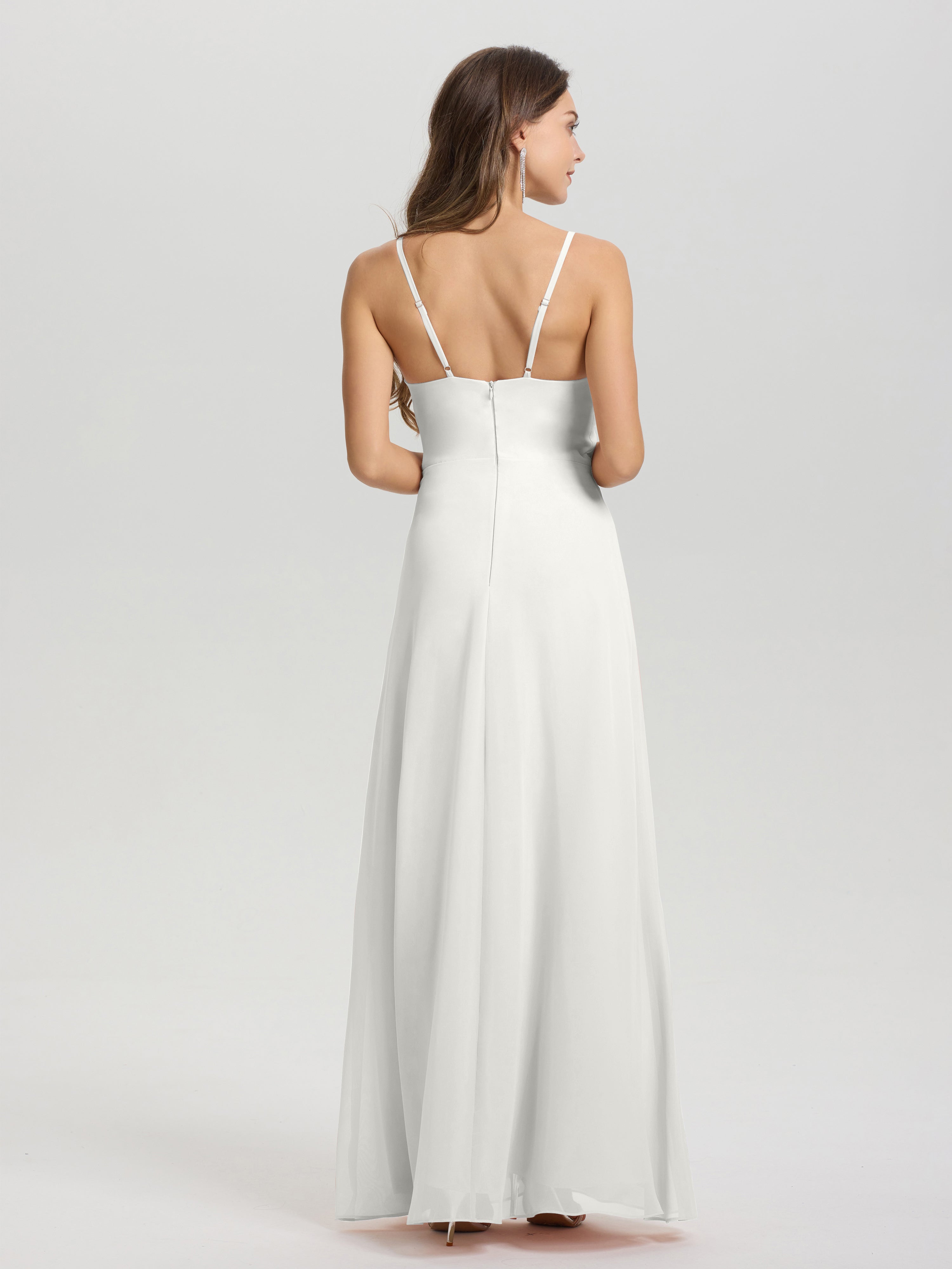 Robes De Demoiselle D'Honneur Ivoire Col V Fendue Trapèze Mousseline Robe Demoiselle D'Honneur Avec Plisée Devant