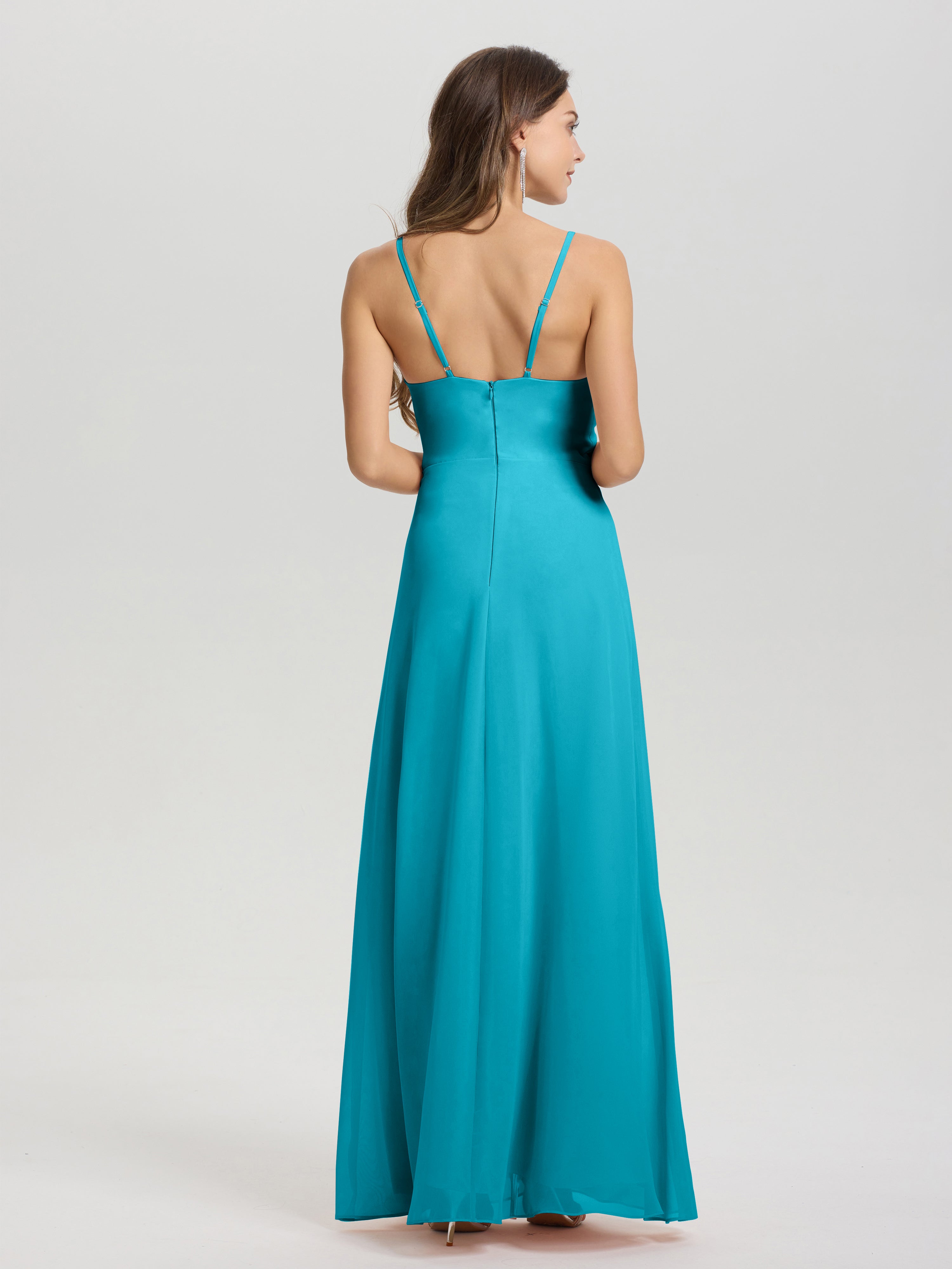 Robes De Demoiselle D'Honneur Vert Jade Col V Fendue Trapèze Mousseline Robe Demoiselle D'Honneur Avec Plisée Devant