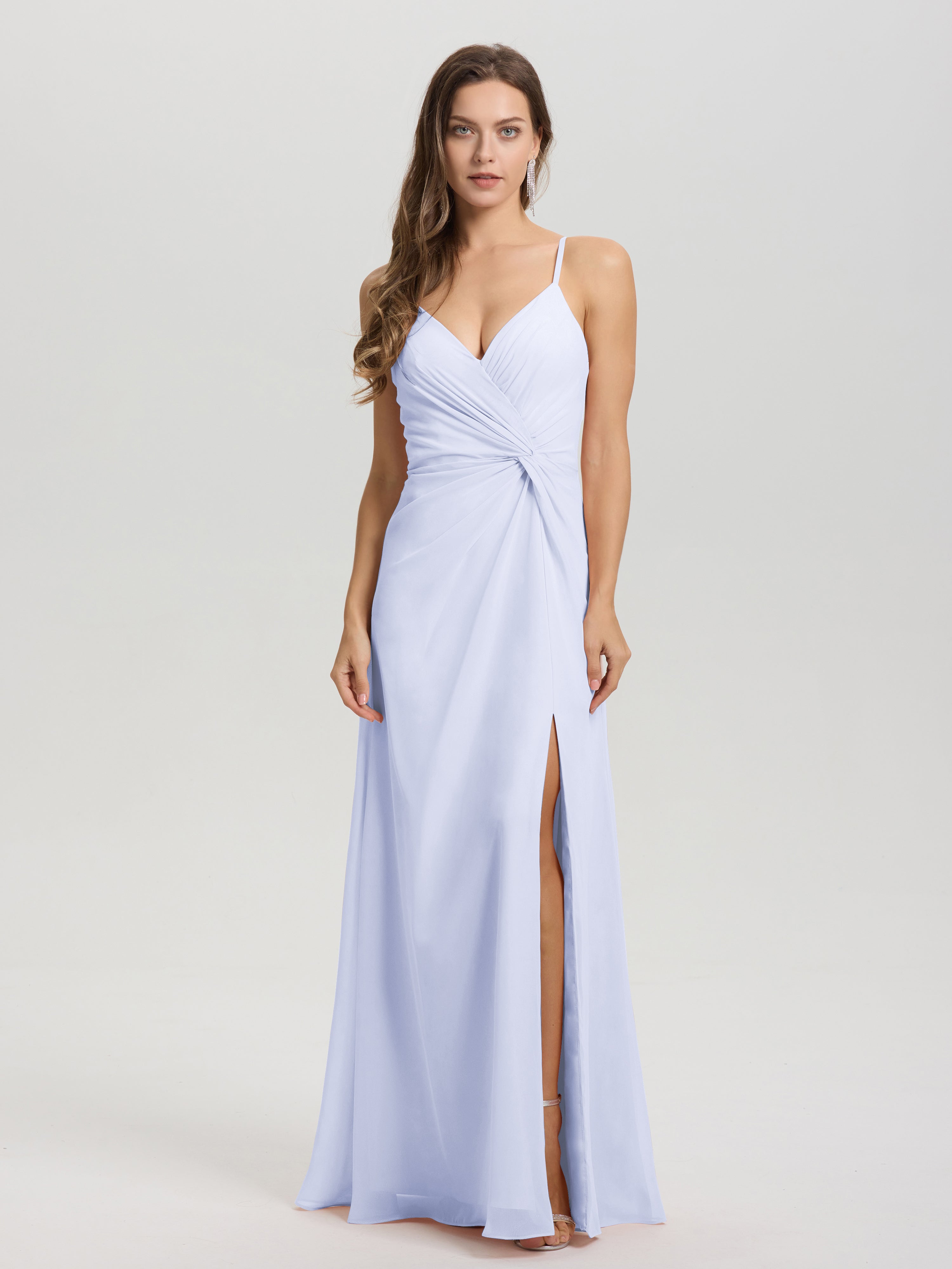 Robe Demoiselle D Honneur Lavande Col V Fendue Trapèze Mousseline Robe Demoiselle D'Honneur Avec Plisée Devant