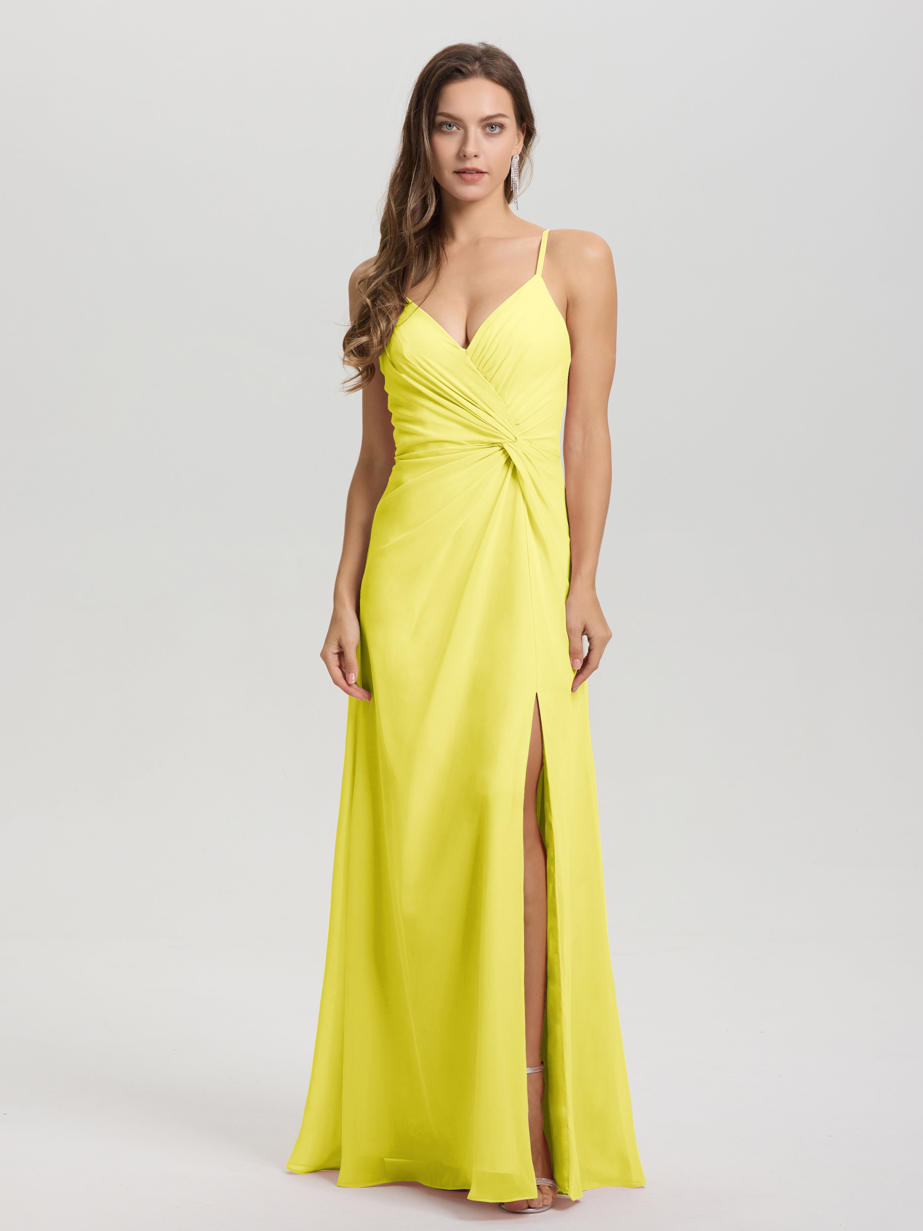 Robes De Demoiselle D'Honneur Citron Col V Fendue Trapèze Mousseline Robe Demoiselle D'Honneur Avec Plisée Devant
