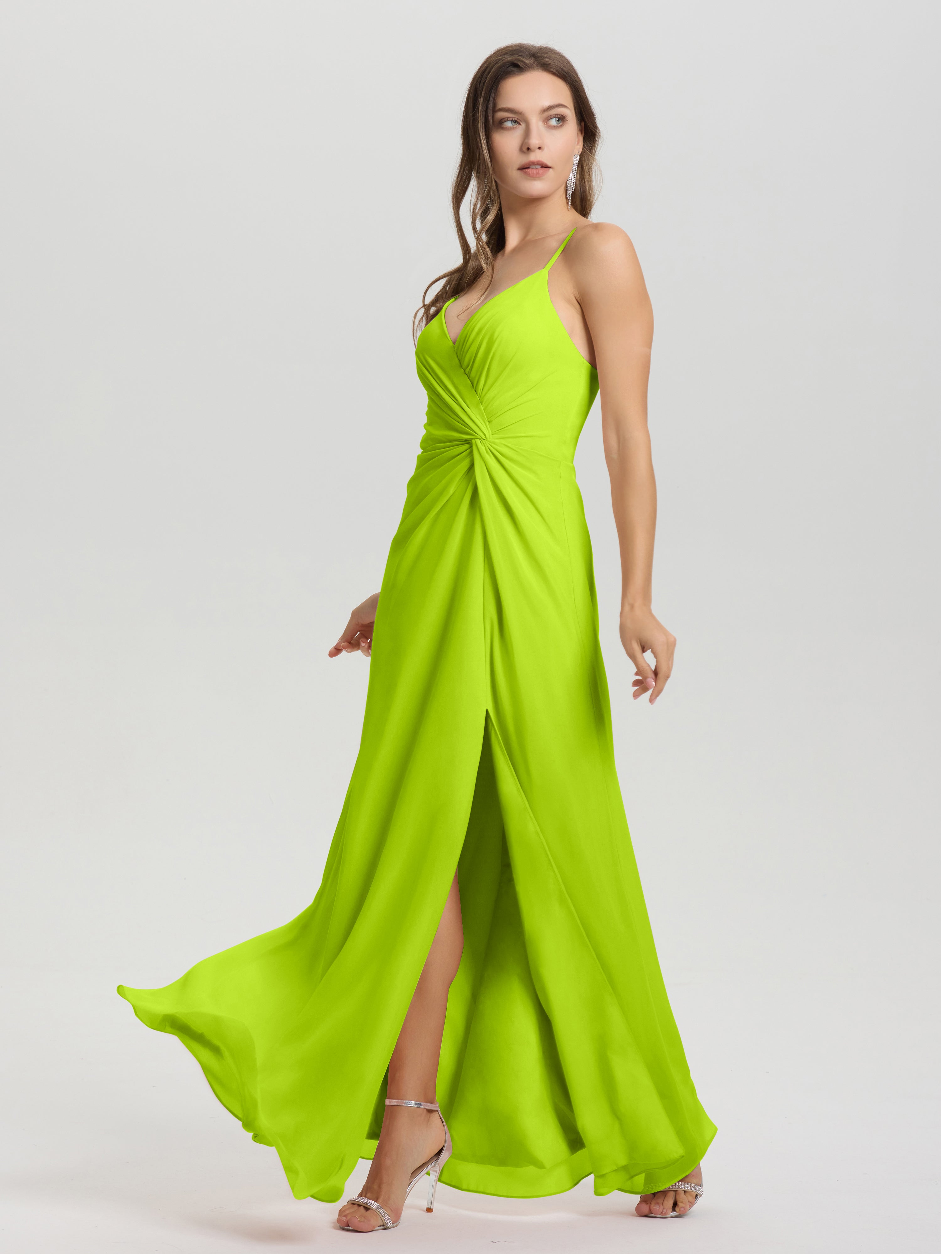 Robes De Demoiselle D'Honneur Vert Citron Col V Fendue Trapèze Mousseline Robe Demoiselle D'Honneur Avec Plisée Devant