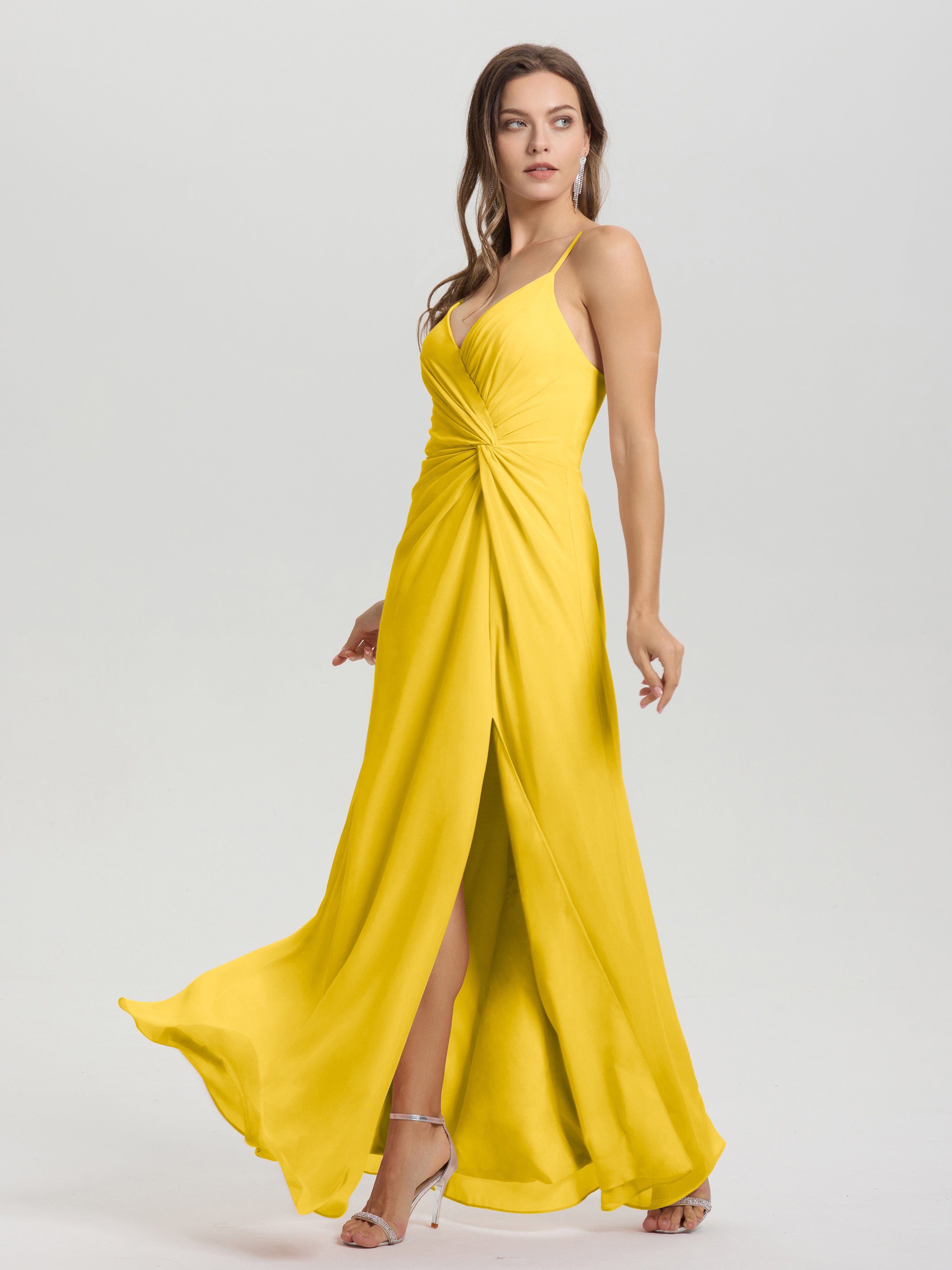 Robe De Demoiselle D'Honneur Souci Col V Fendue Trapèze Mousseline Robe Demoiselle D'Honneur Avec Plisée Devant