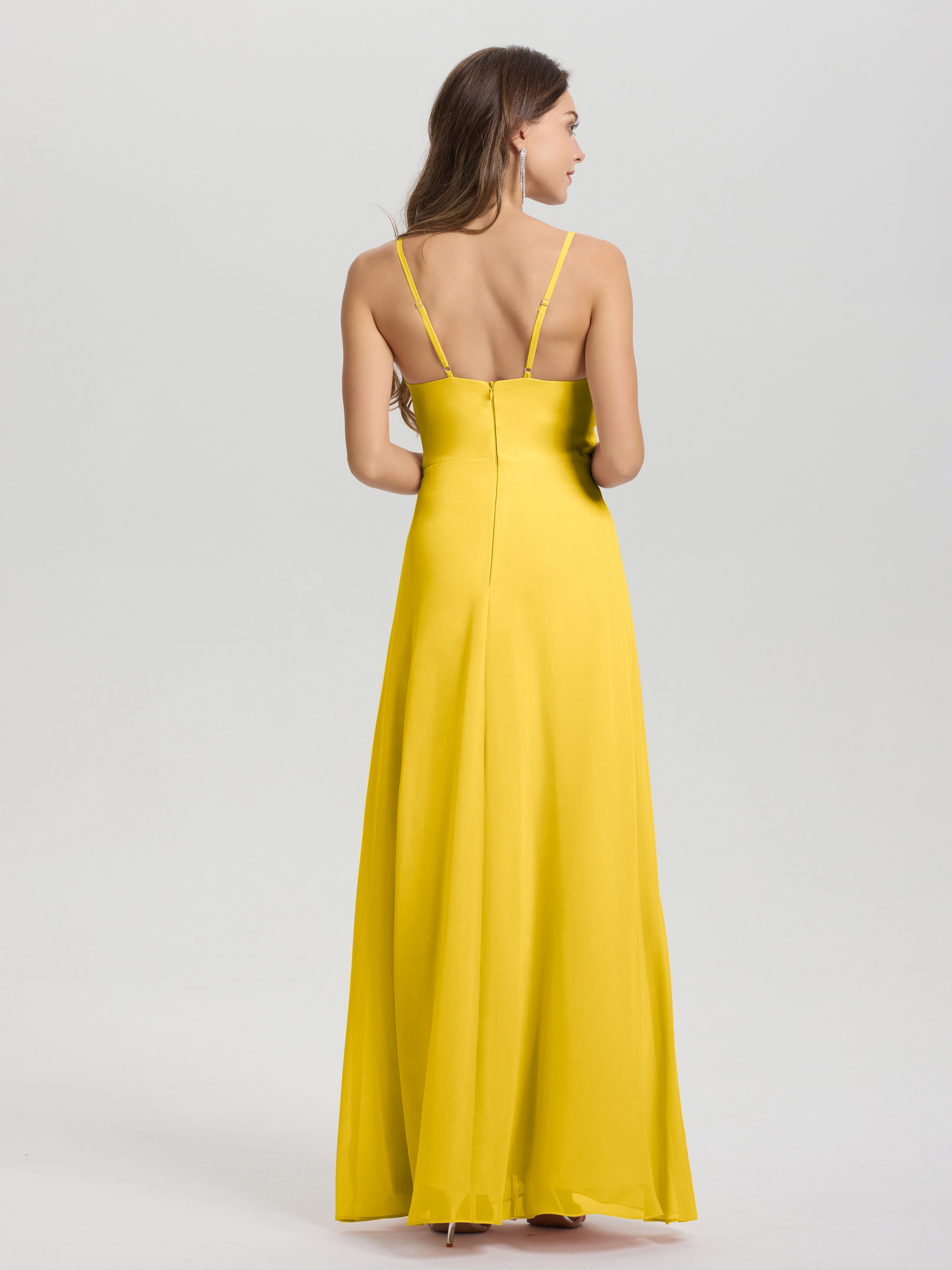 Robe De Demoiselle D'Honneur Souci Col V Fendue Trapèze Mousseline Robe Demoiselle D'Honneur Avec Plisée Devant