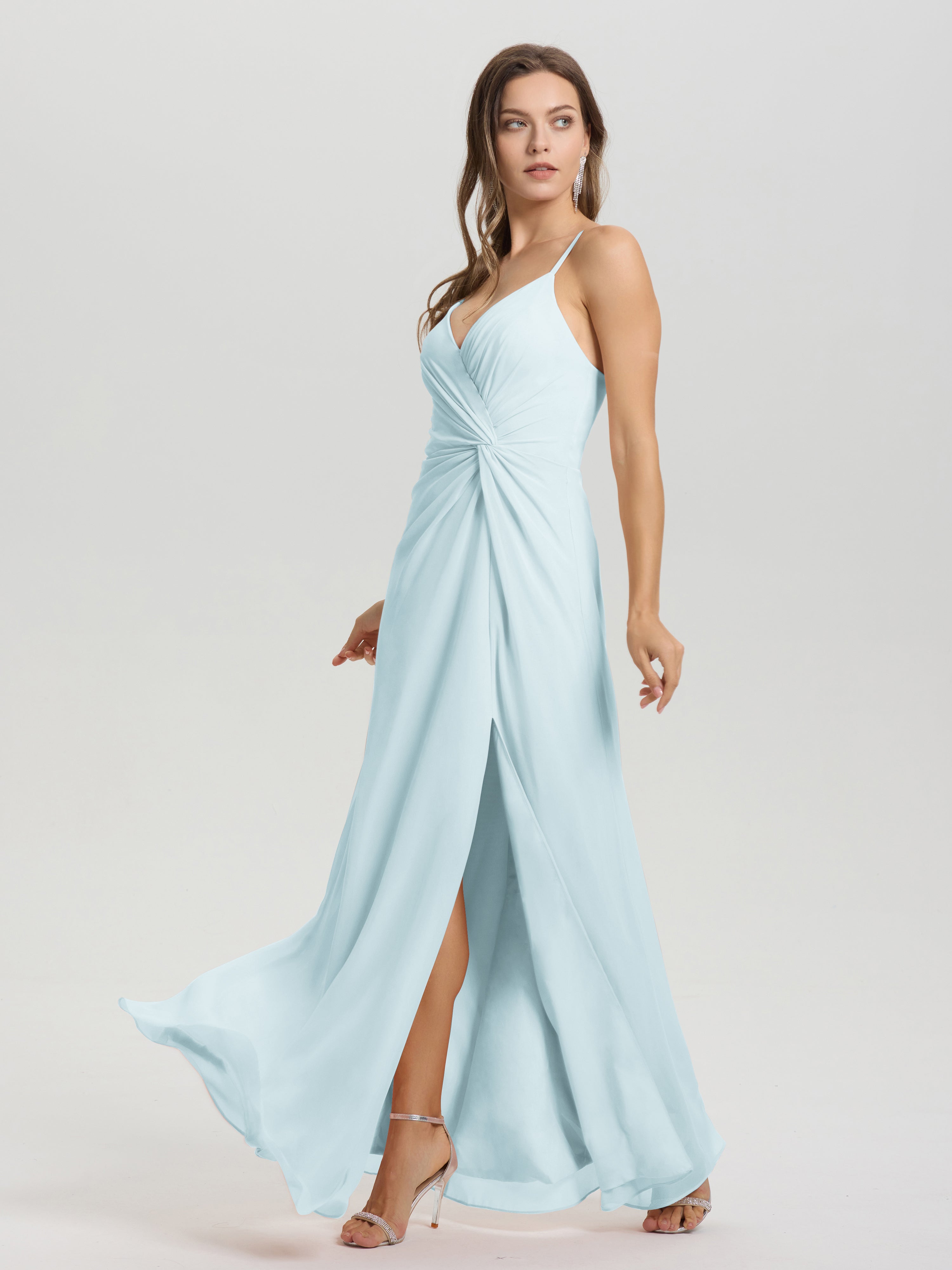 Robe De Demoiselle D'Honneur Brume Col V Fendue Trapèze Mousseline Robe Demoiselle D'Honneur Avec Plisée Devant