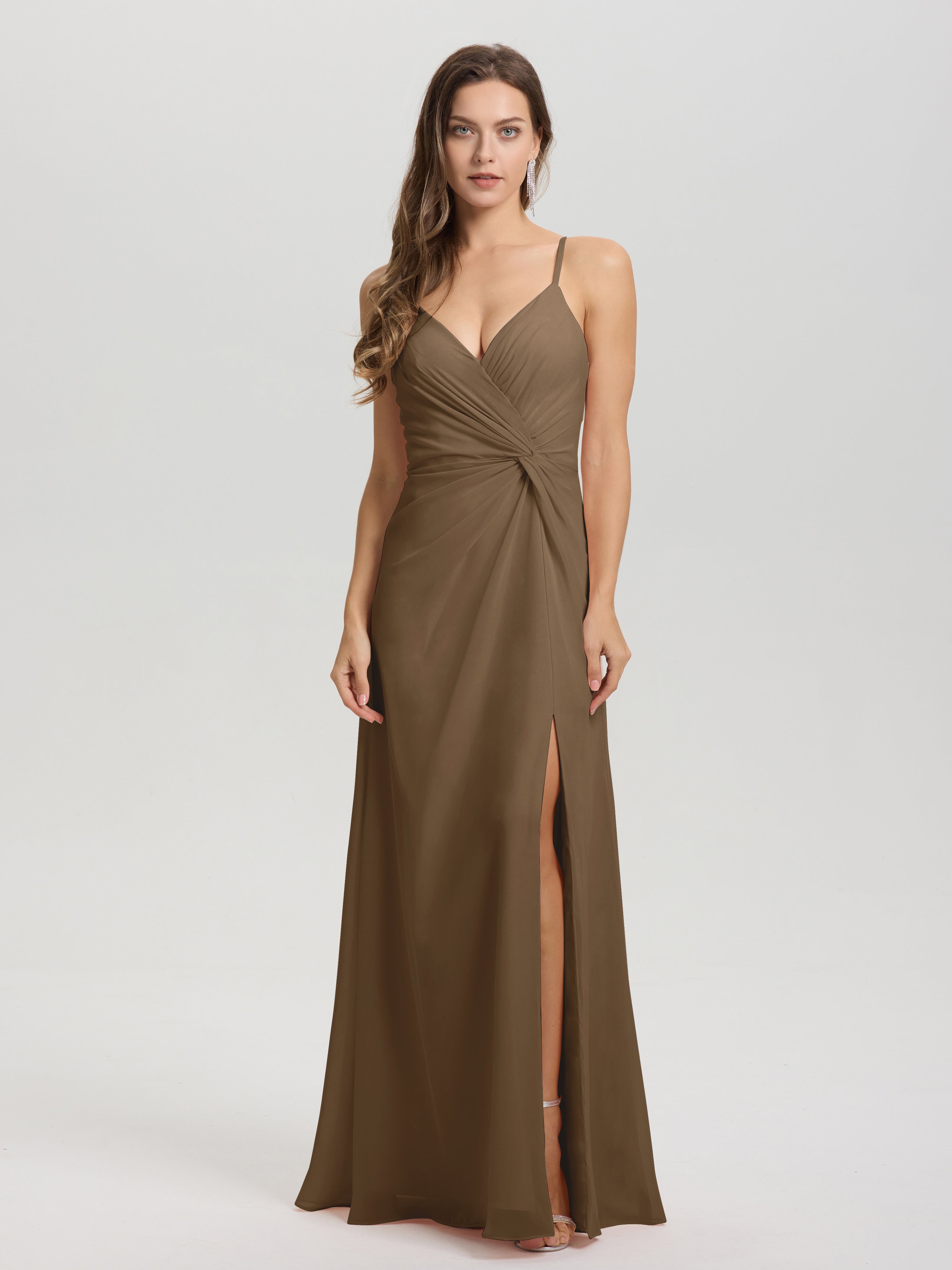 Robe De Demoiselle D'Honneur Moka Col V Fendue Trapèze Mousseline Robe Demoiselle D'Honneur Avec Plisée Devant