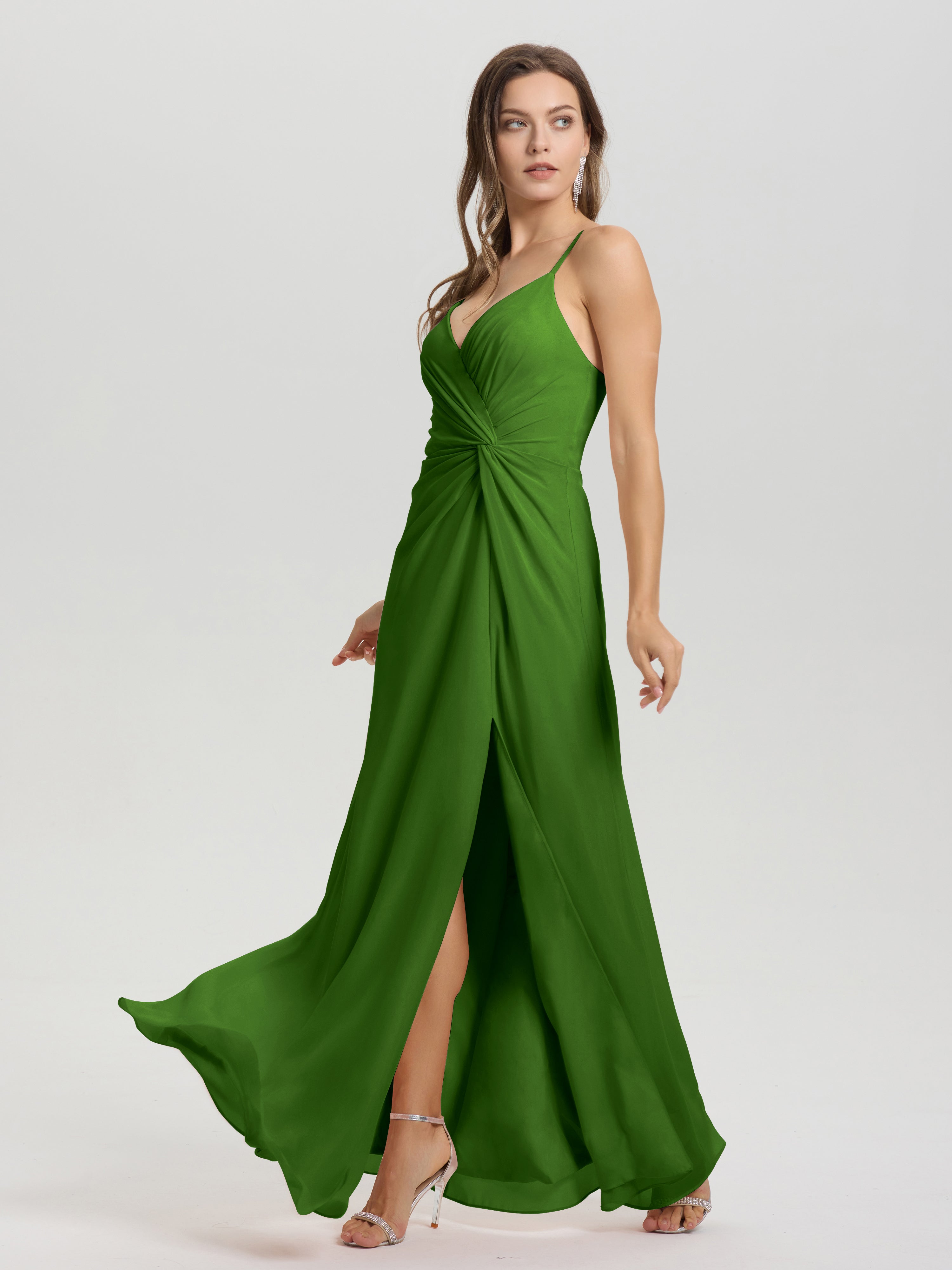 Robes De Demoiselle D'Honneur Vert Mousse Col V Fendue Trapèze Mousseline Robe Demoiselle D'Honneur Avec Plisée Devant