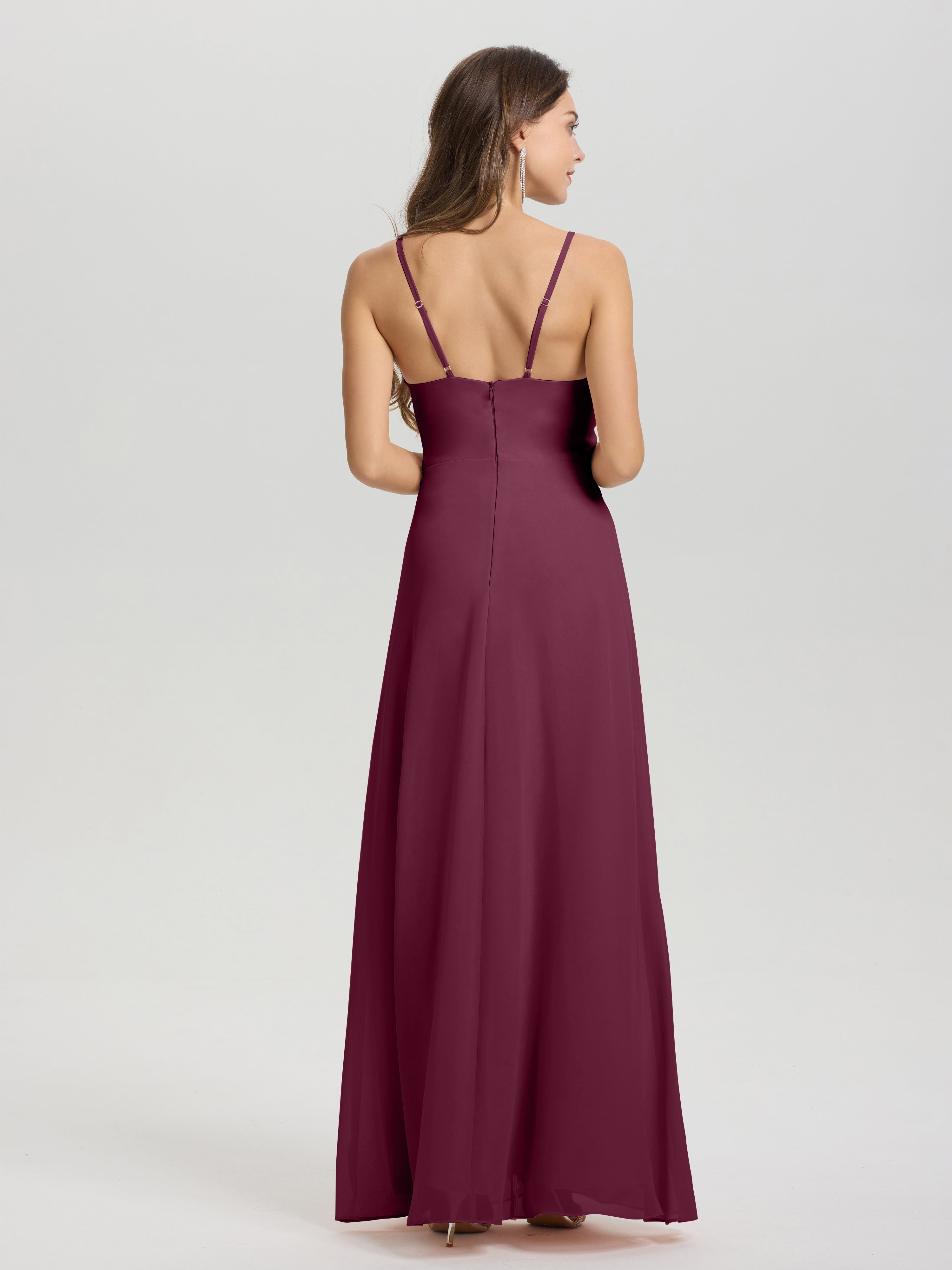 Robes De Demoiselle D'Honneur Mûre Col V Fendue Trapèze Mousseline Robe Demoiselle D'Honneur Avec Plisée Devant