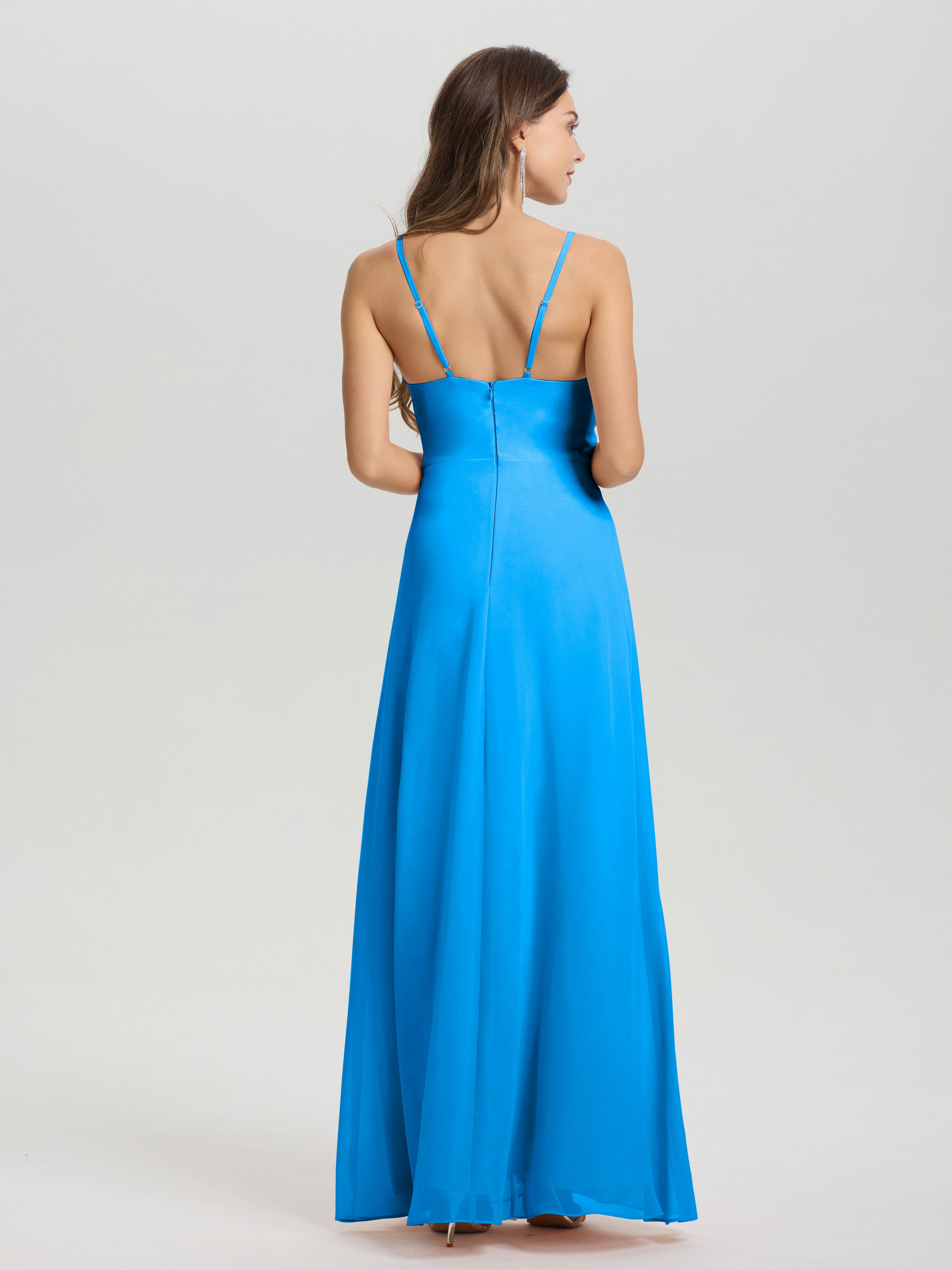 Robes De Demoiselle D'Honneur Bleu Océan Col V Fendue Trapèze Mousseline Robe Demoiselle D'Honneur Avec Plisée Devant