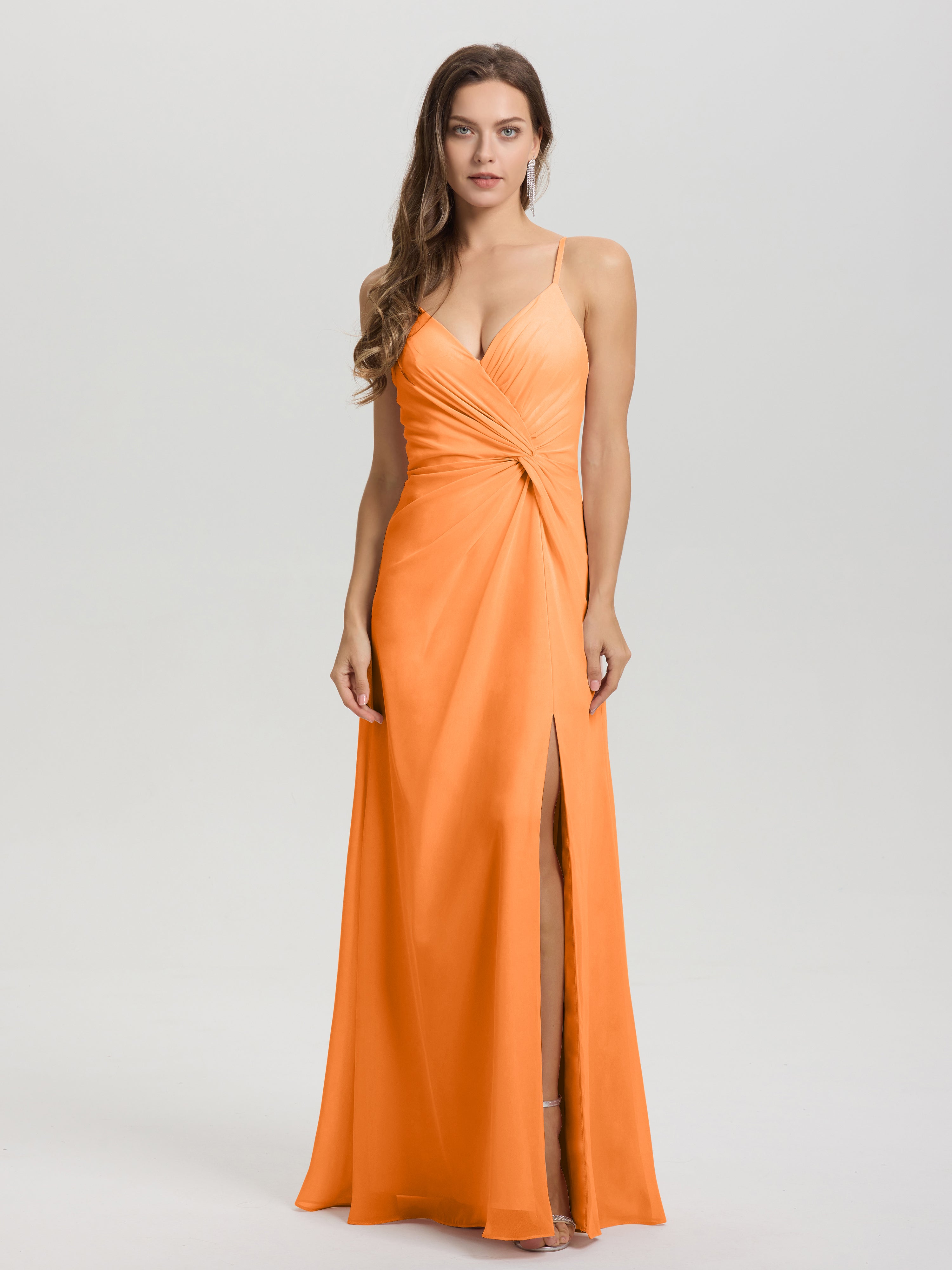 Robe Mousseline Orange Col V Fendue Trapèze Mousseline Robe Demoiselle D'Honneur Avec Plisée Devant
