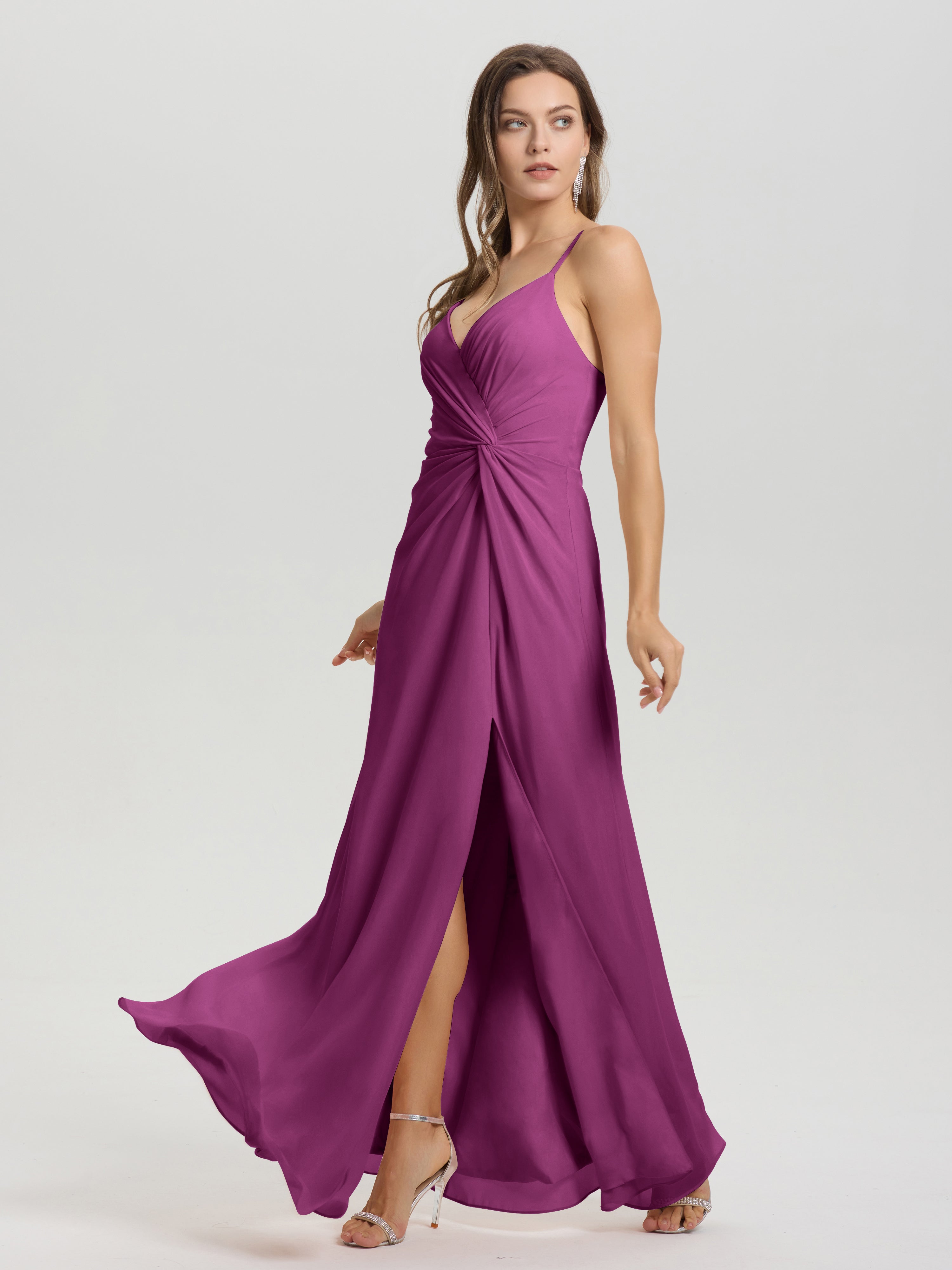 Robes De Demoiselle D'Honneur Orchidée Col V Fendue Trapèze Mousseline Robe Demoiselle D'Honneur Avec Plisée Devant